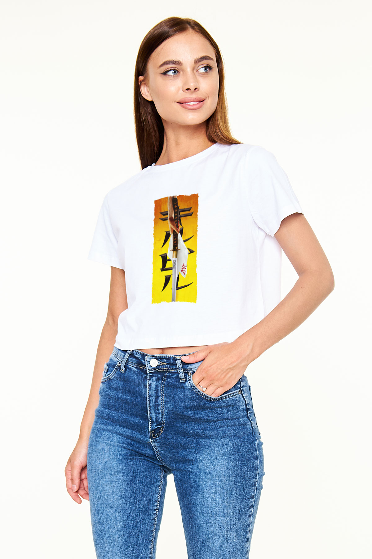 Unisex Kill Bill Baskılı Beyaz Crop Top Tişört