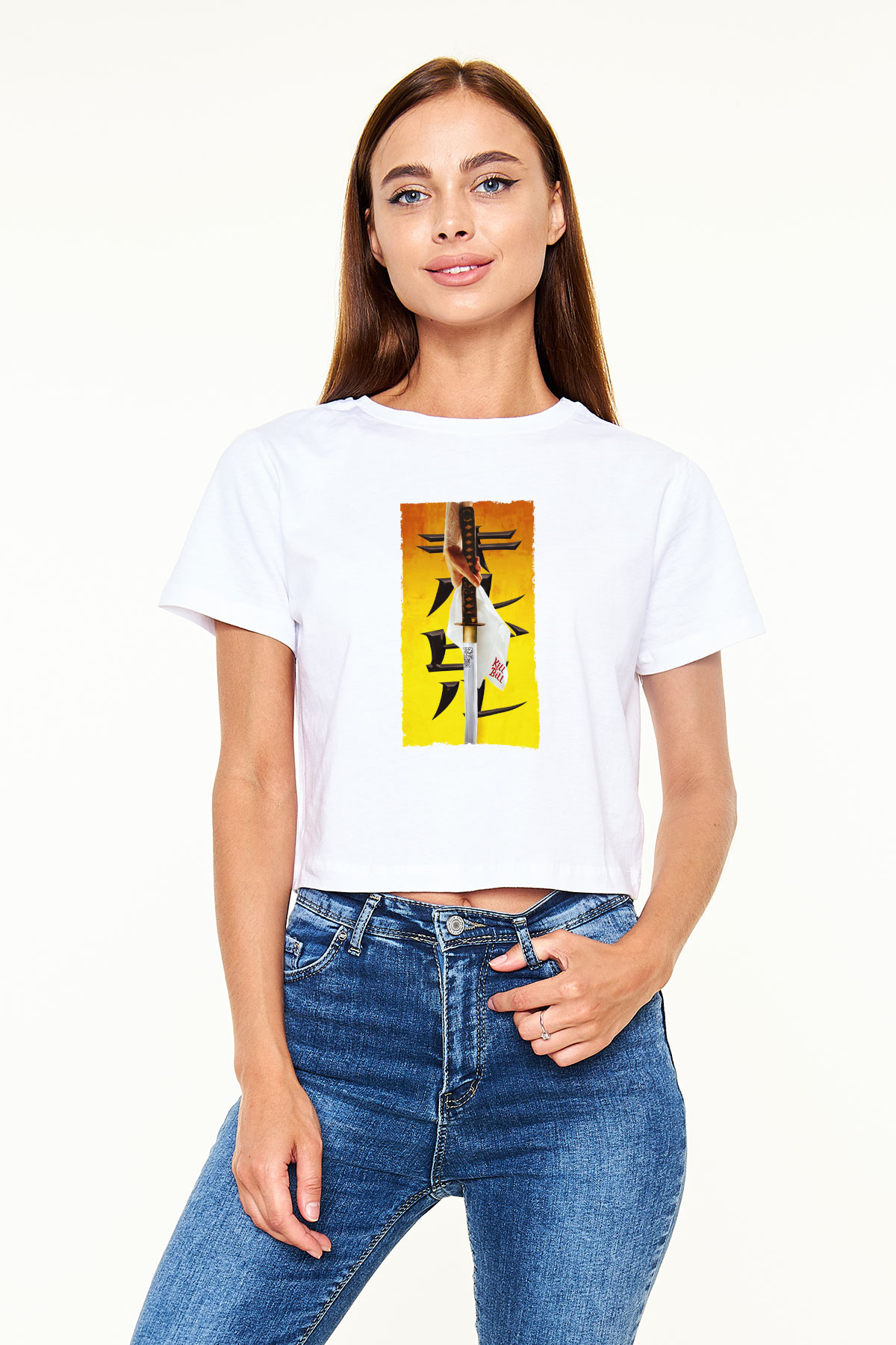Unisex Kill Bill Baskılı Beyaz Crop Top Tişört