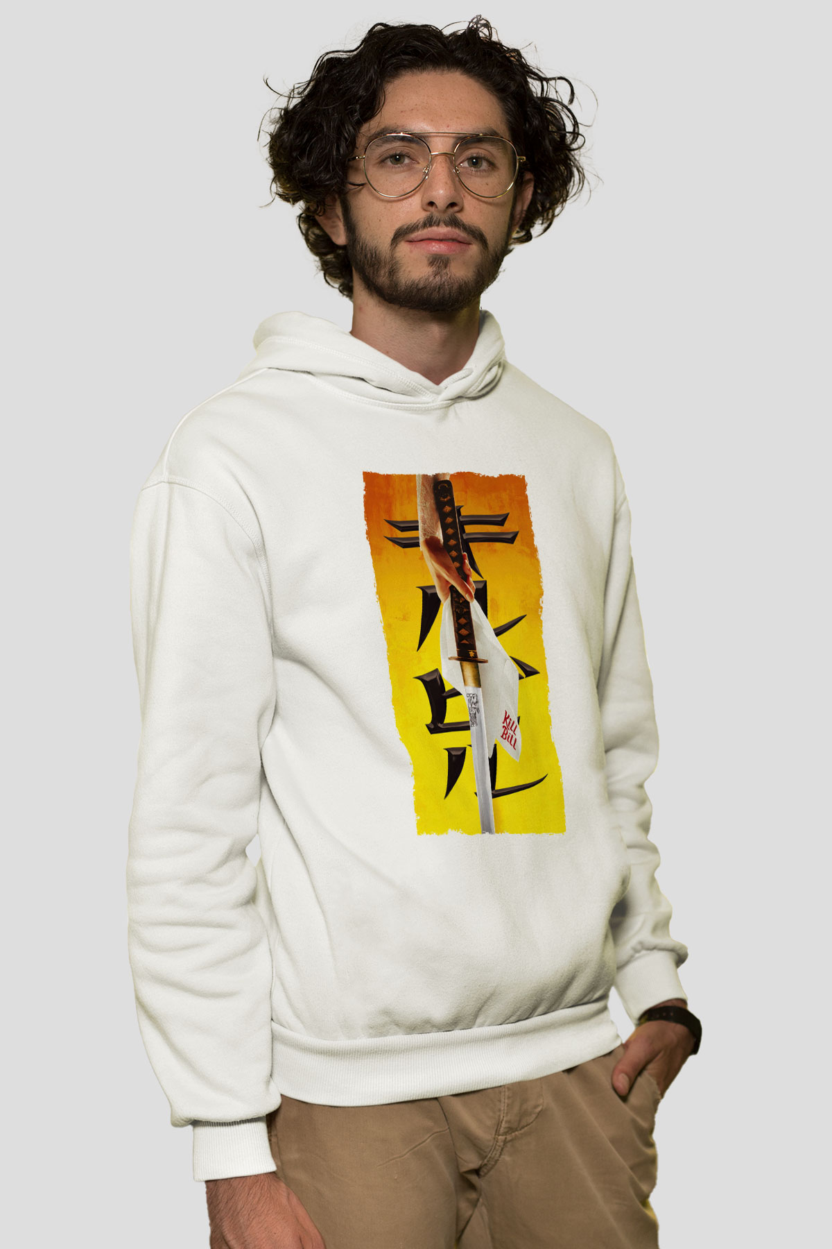 Unisex Kill Bill Baskılı Beyaz Kapüşonlu Sweatshirt