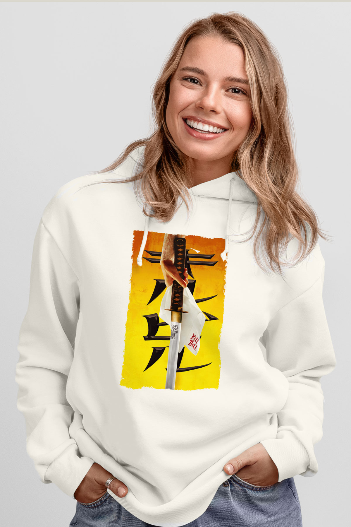 Unisex Kill Bill Baskılı Beyaz Kapüşonlu Sweatshirt