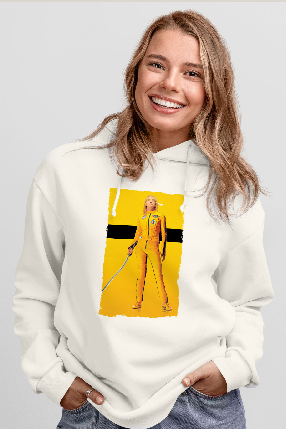 Unisex Kill Bill Baskılı Beyaz Kapüşonlu Sweatshirt