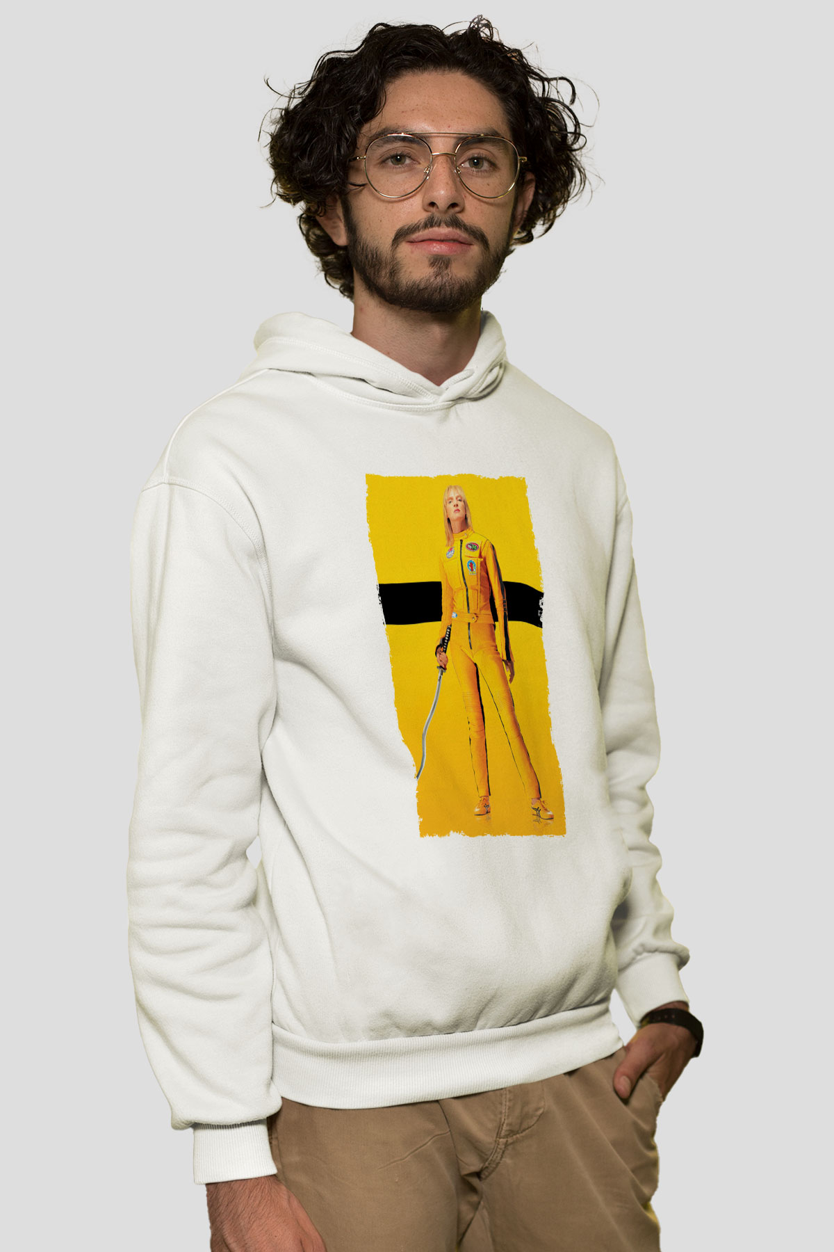 Unisex Kill Bill Baskılı Beyaz Kapüşonlu Sweatshirt