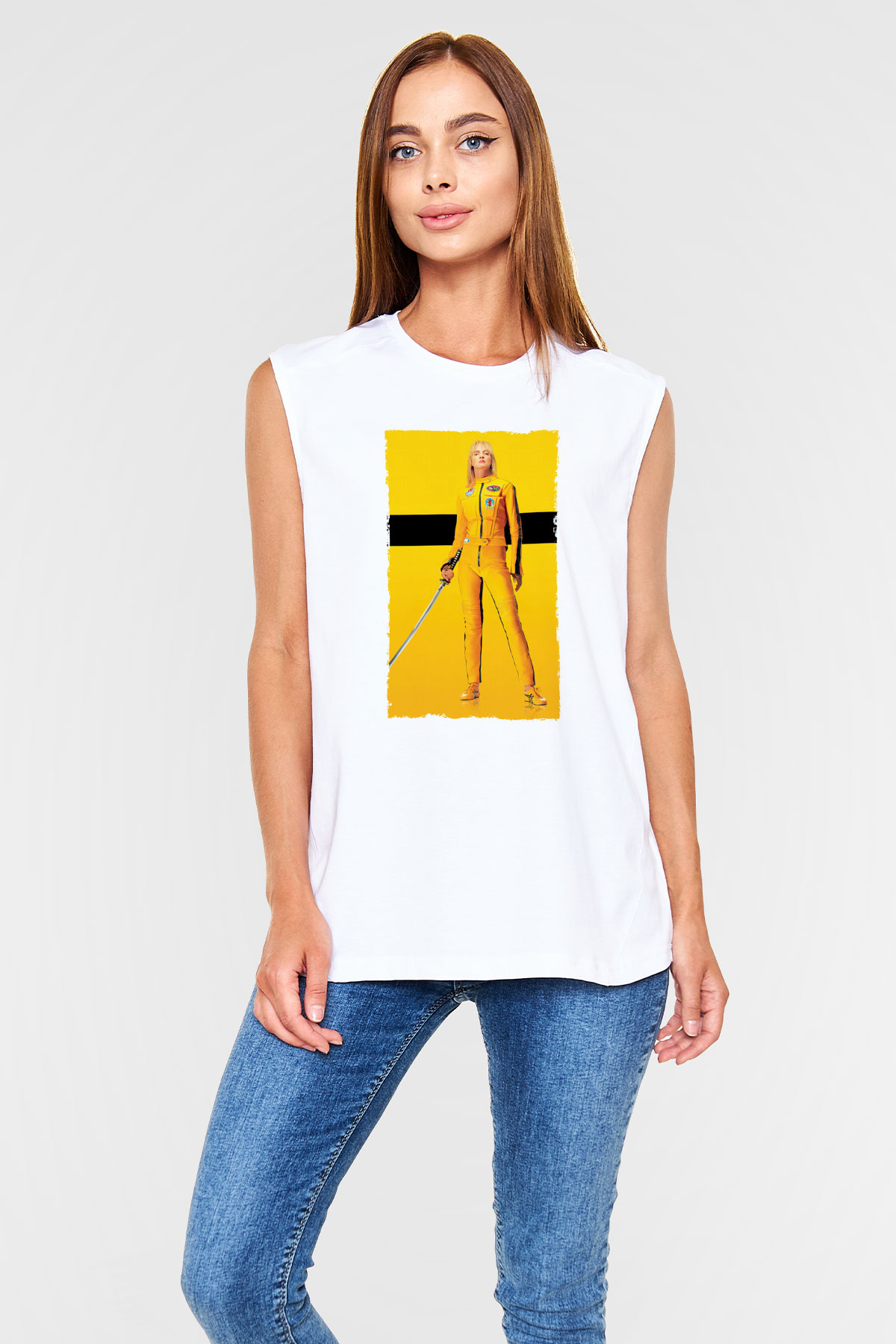Unisex Kill Bill Baskılı Beyaz Kolsuz Tshirt