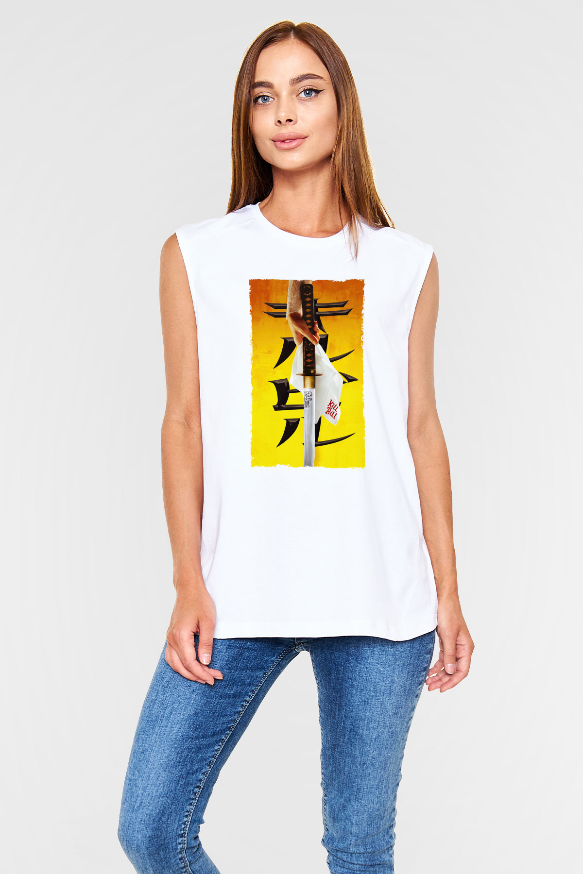 Unisex Kill Bill Baskılı Beyaz Kolsuz Tişört