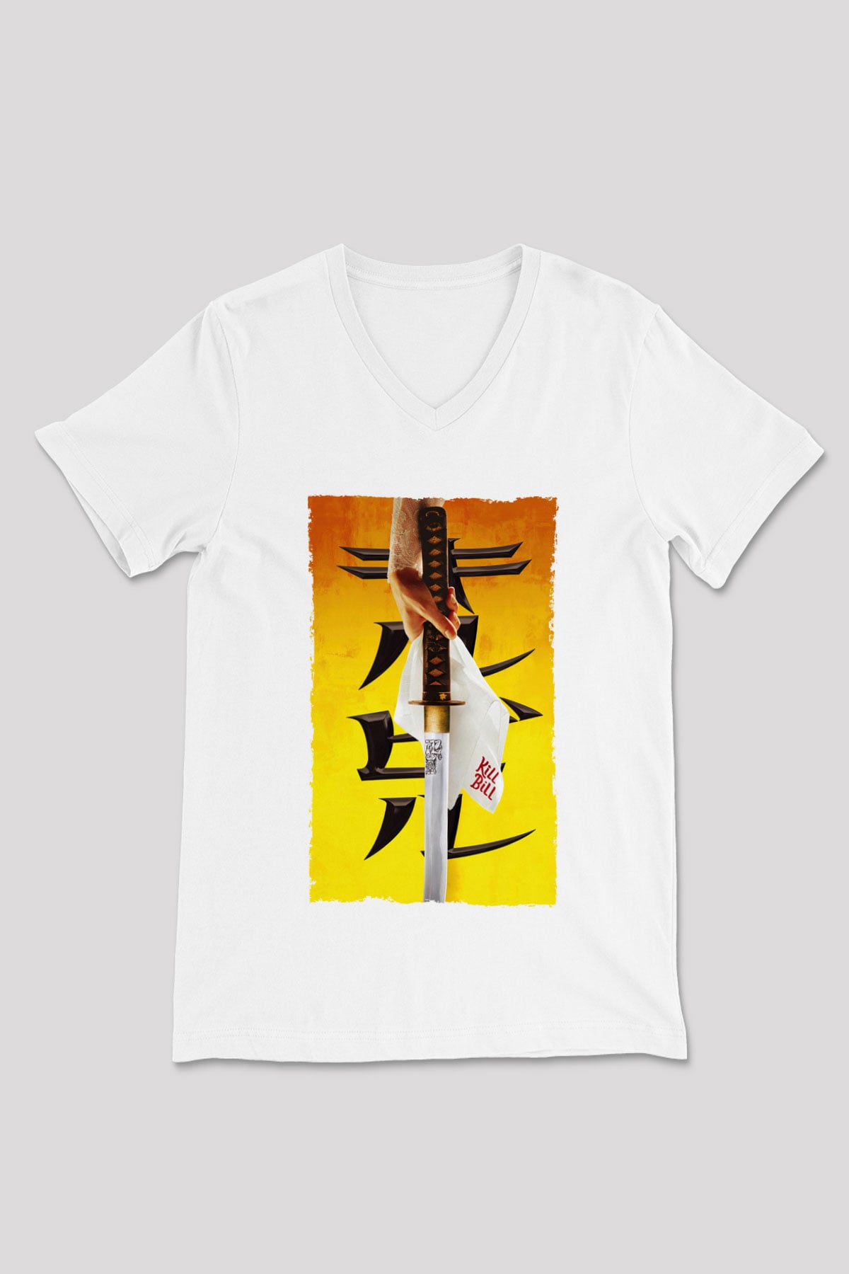 Unisex Kill Bill Baskılı Beyaz V Yaka Tişört