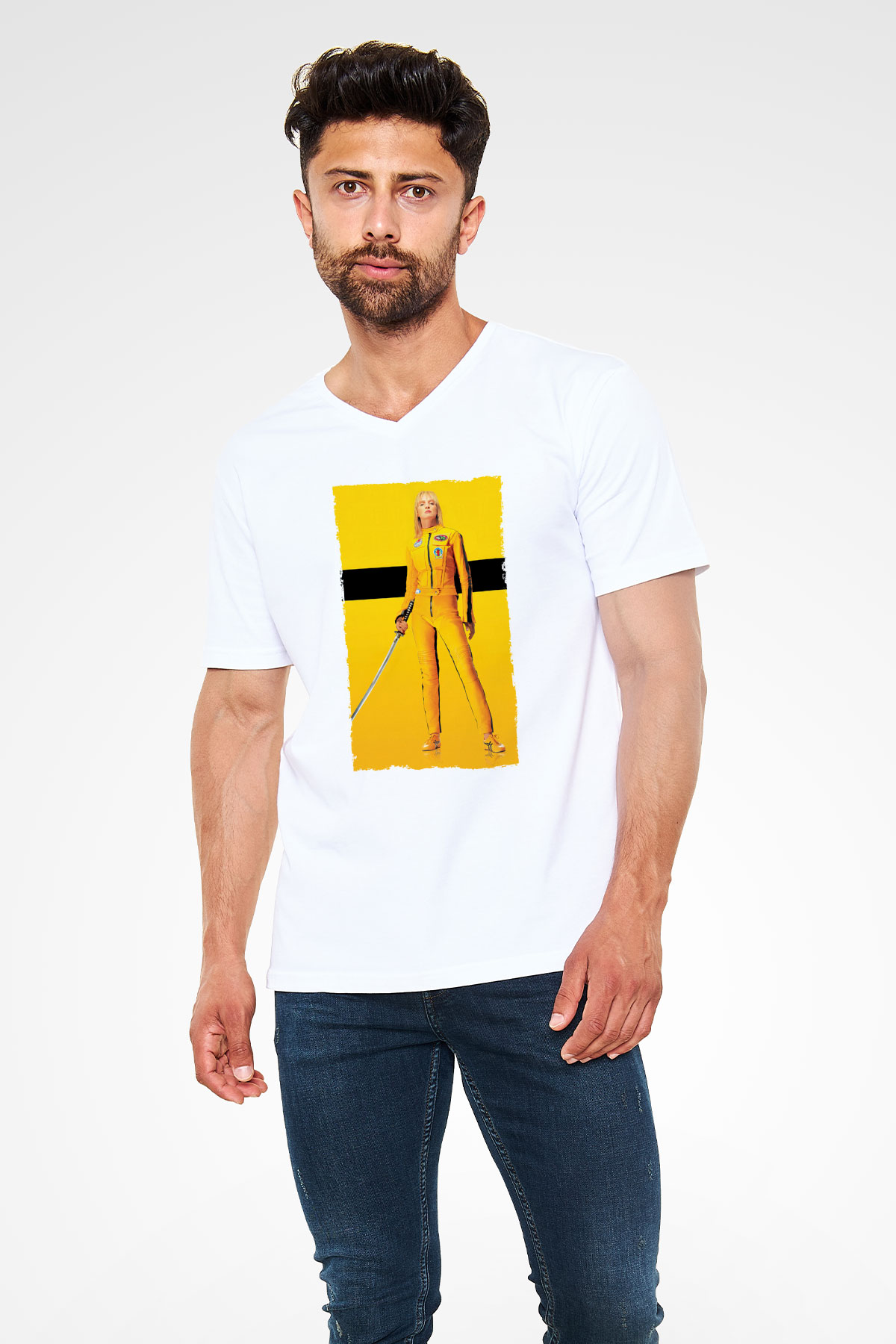 Unisex Kill Bill Baskılı Beyaz V Yaka Tshirt
