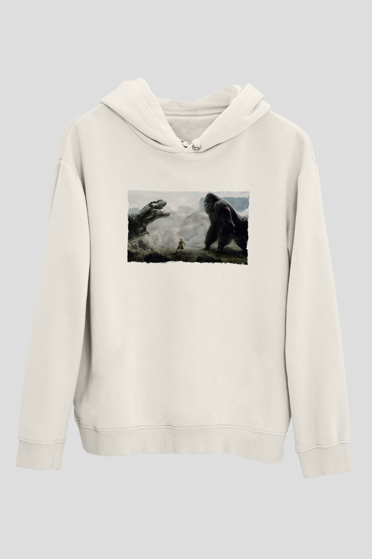 Unisex King Kong Baskılı Beyaz Kapüşonlu Sweatshirt