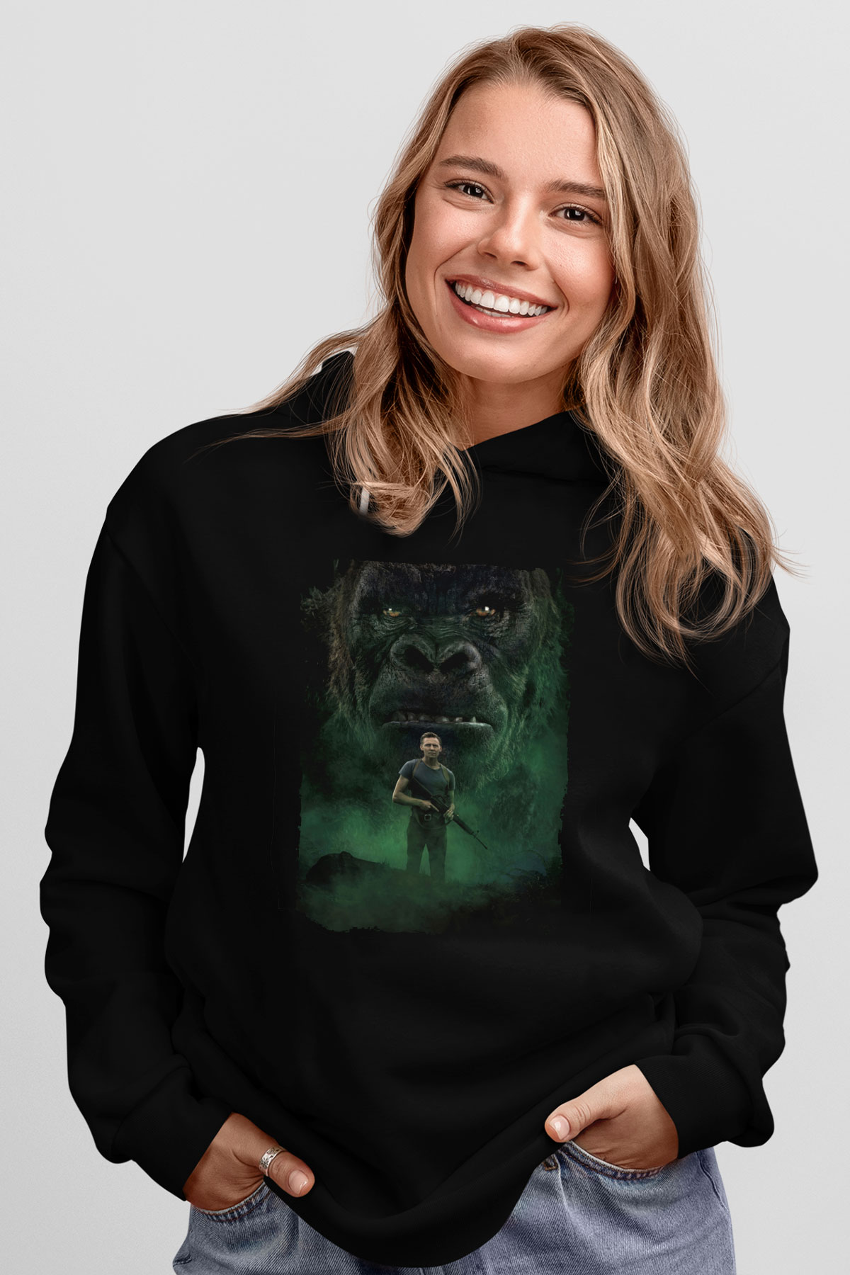 Unisex Kong Kafatası Adası (Kong Skull Island) Baskılı Siyah Unisex Kapüşonlu Sweatshirt