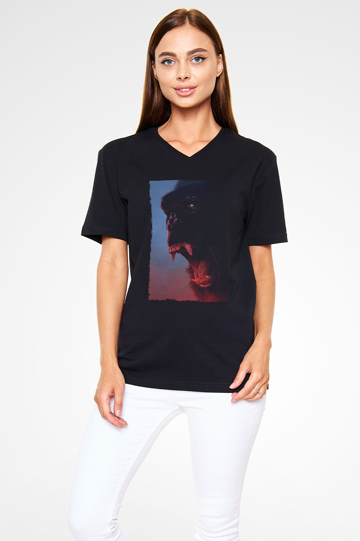 Unisex Kong Kafatası Adası (Kong Skull Island) Baskılı Siyah V Yaka Tişört