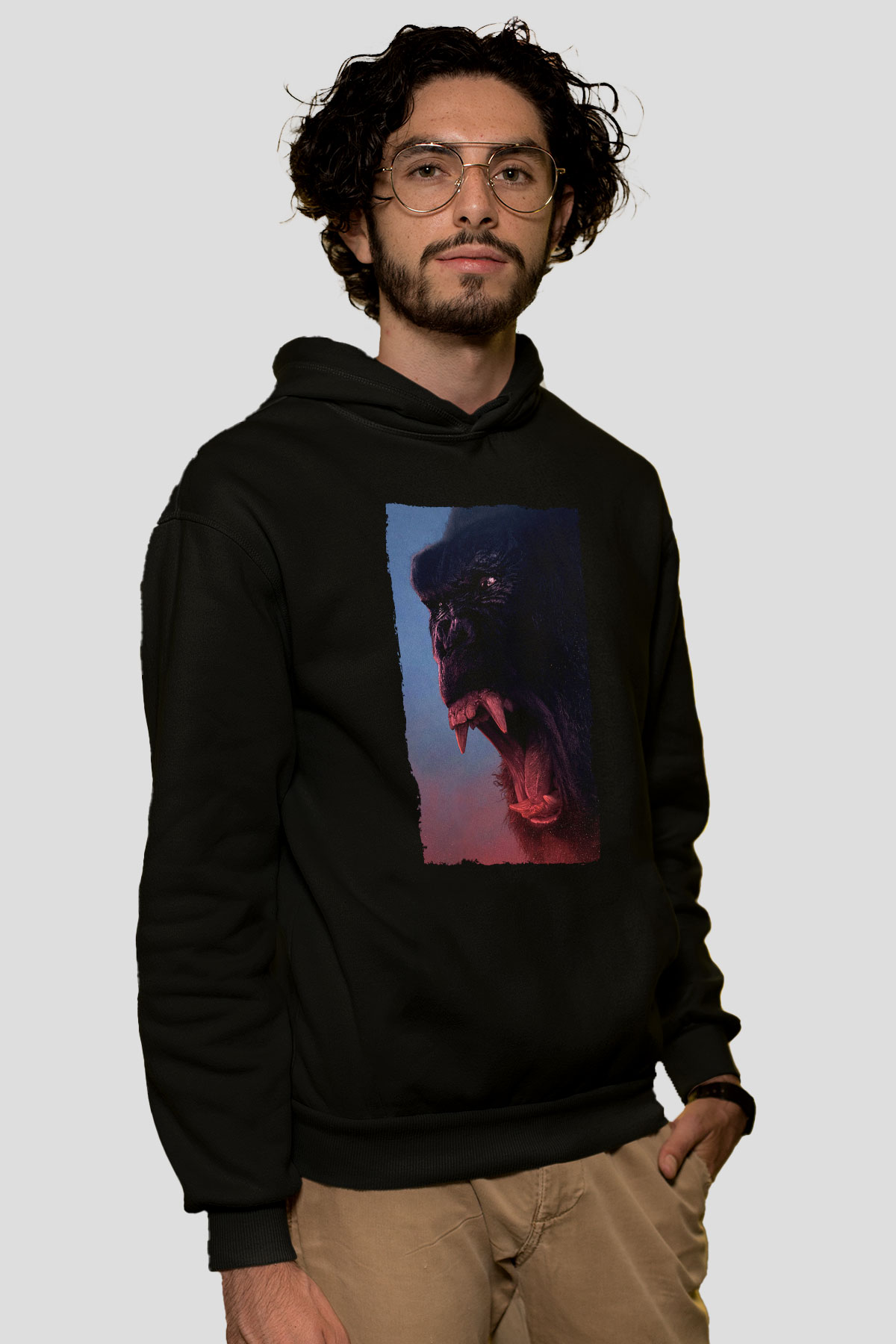 Unisex Kong Kafatası Adası (Kong Skull Island) Baskılı Siyah Kapüşonlu Sweatshirt