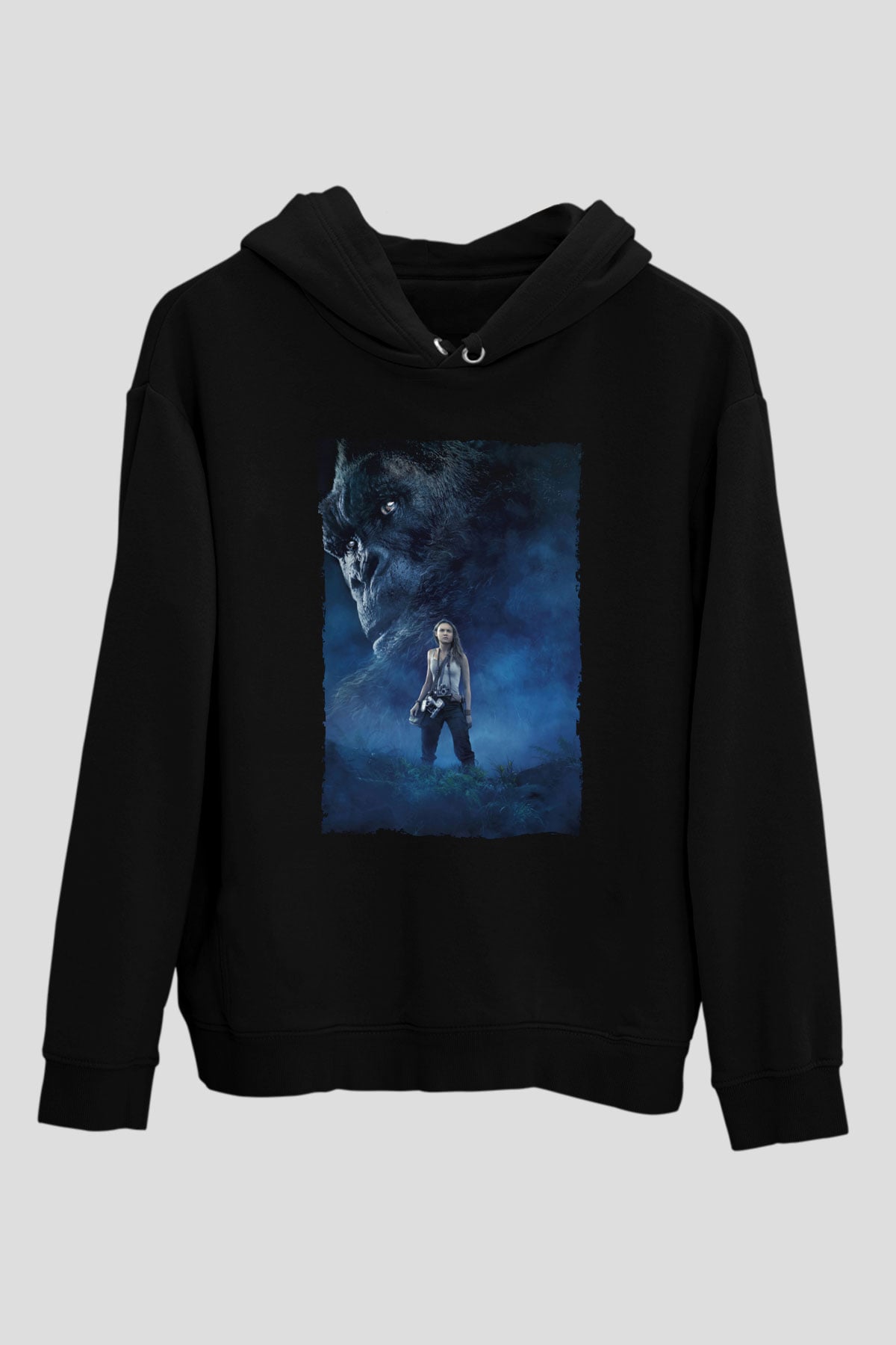 Unisex Kong Kafatası Adası (Kong Skull Island) Baskılı Siyah Kapüşonlu Sweatshirt