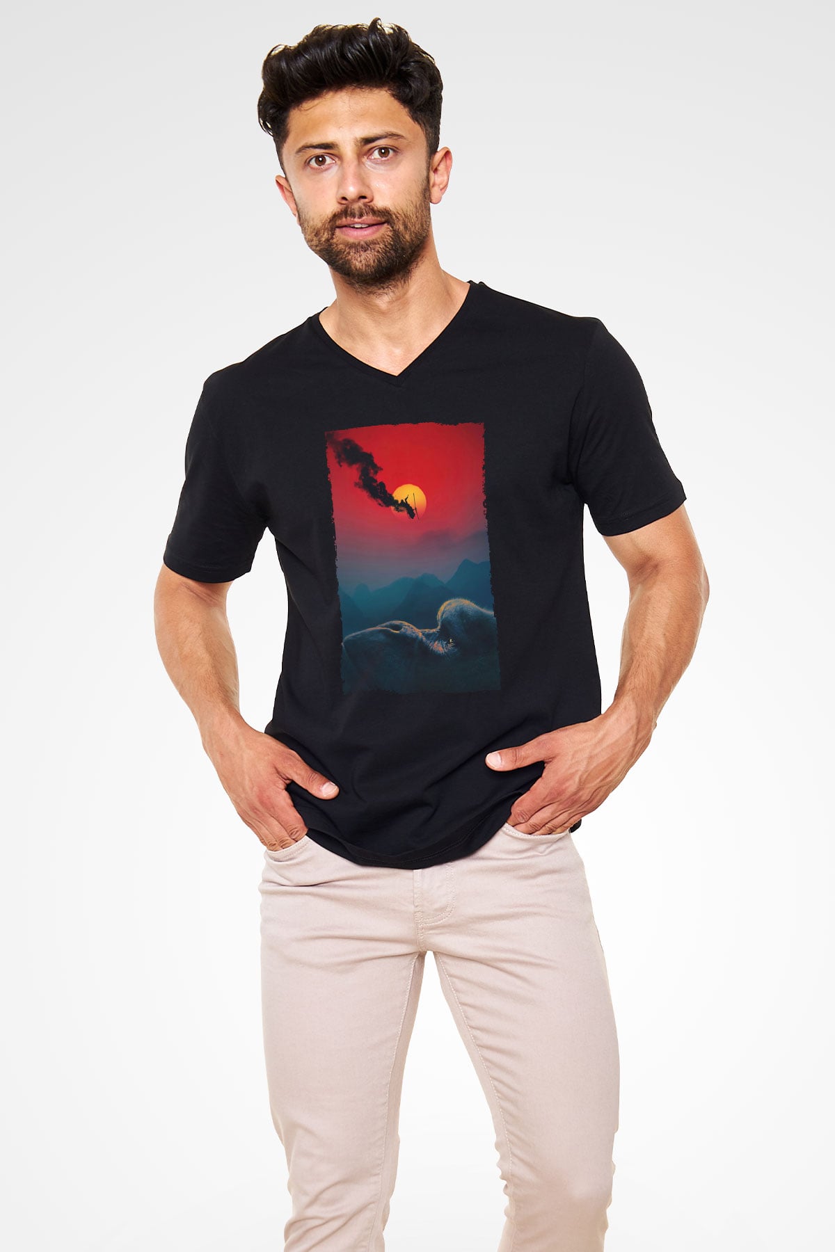 Unisex Kong Kafatası Adası (Kong Skull Island) Baskılı Siyah Unisex V Yaka Tişört
