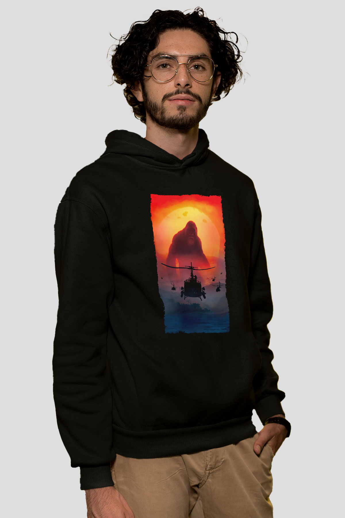 Unisex Kong Kafatası Adası (Kong Skull Island) Baskılı Siyah Unisex Kapüşonlu Sweatshirt