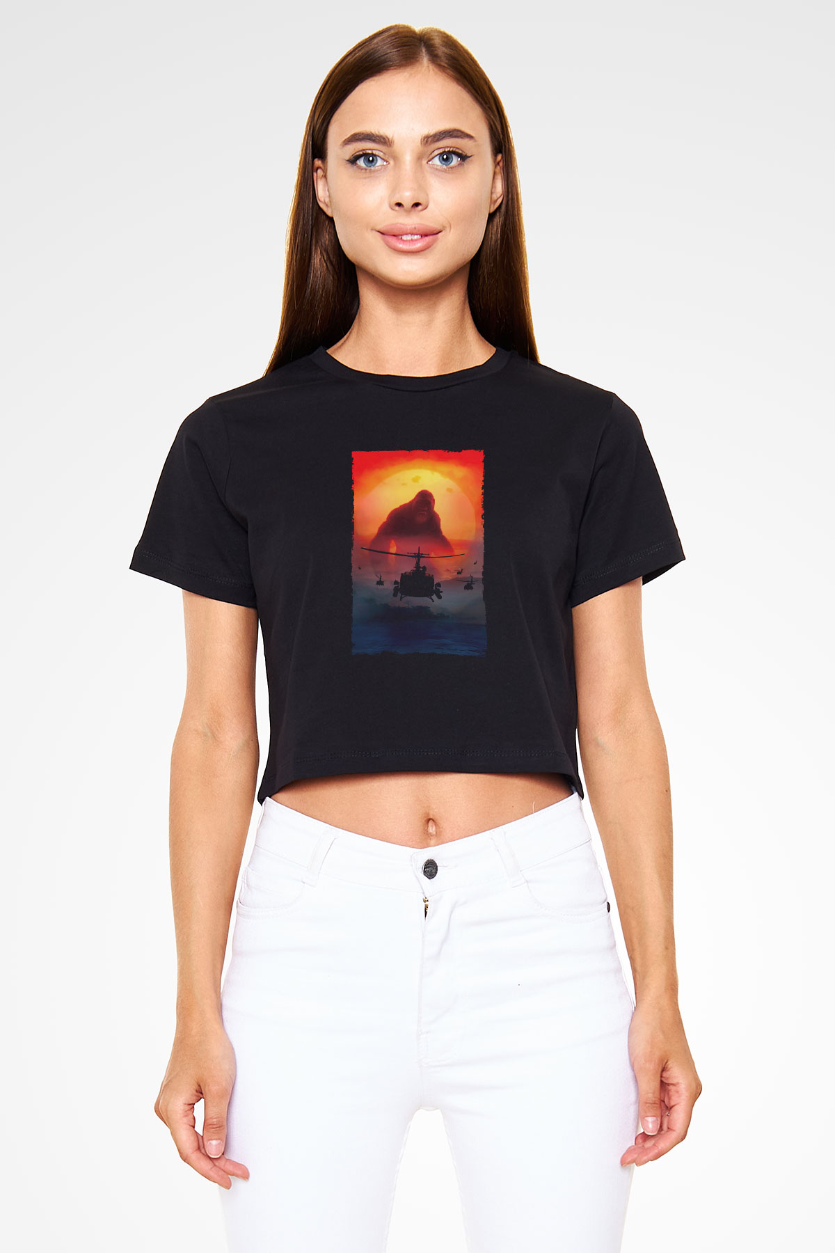 Unisex Kong Kafatası Adası (Kong Skull Island) Baskılı Siyah Unisex Crop Top Tshirt