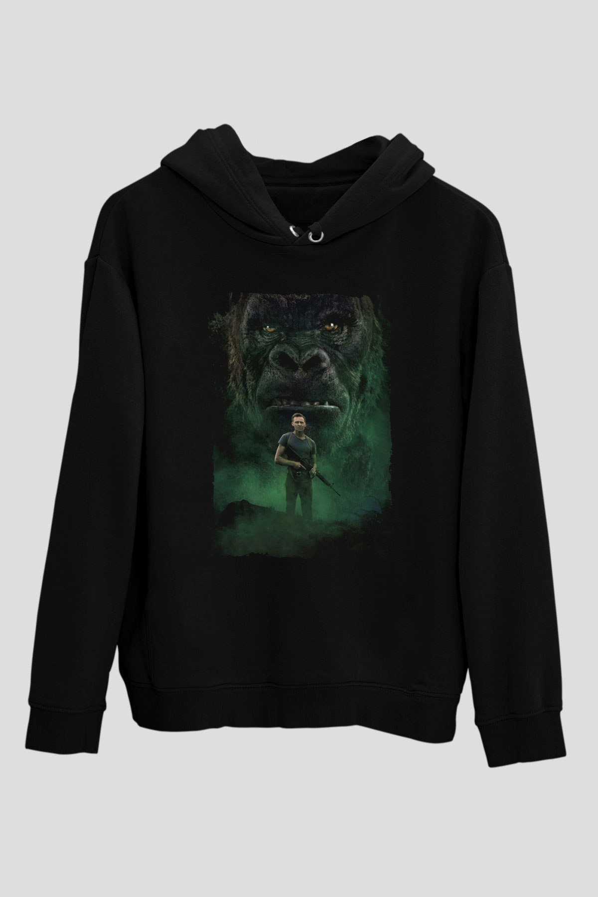 Unisex Kong Kafatası Adası (Kong Skull Island) Baskılı Siyah Unisex Kapüşonlu Sweatshirt