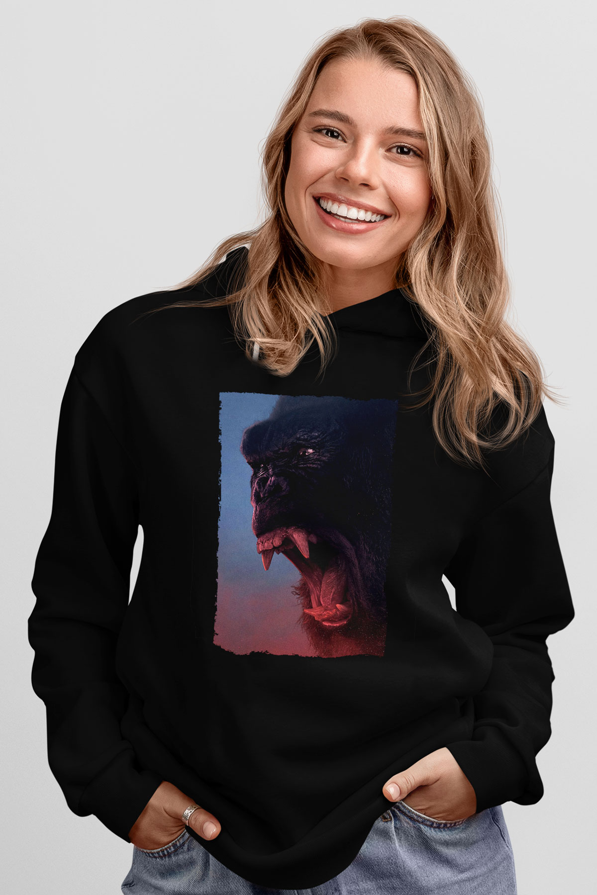 Unisex Kong Kafatası Adası (Kong Skull Island) Baskılı Siyah Kapüşonlu Sweatshirt