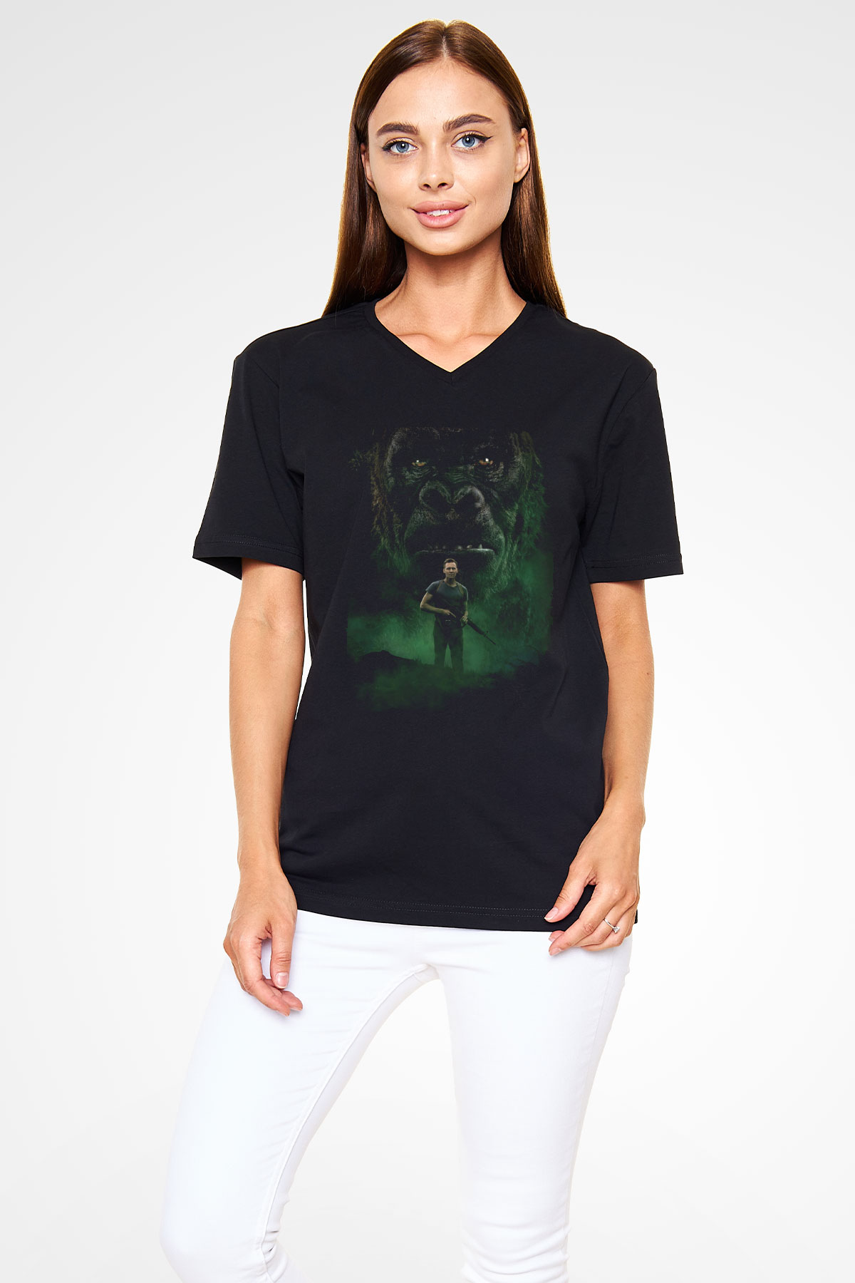 Unisex Kong Kafatası Adası (Kong Skull Island) Baskılı Siyah Unisex V Yaka T-shirt