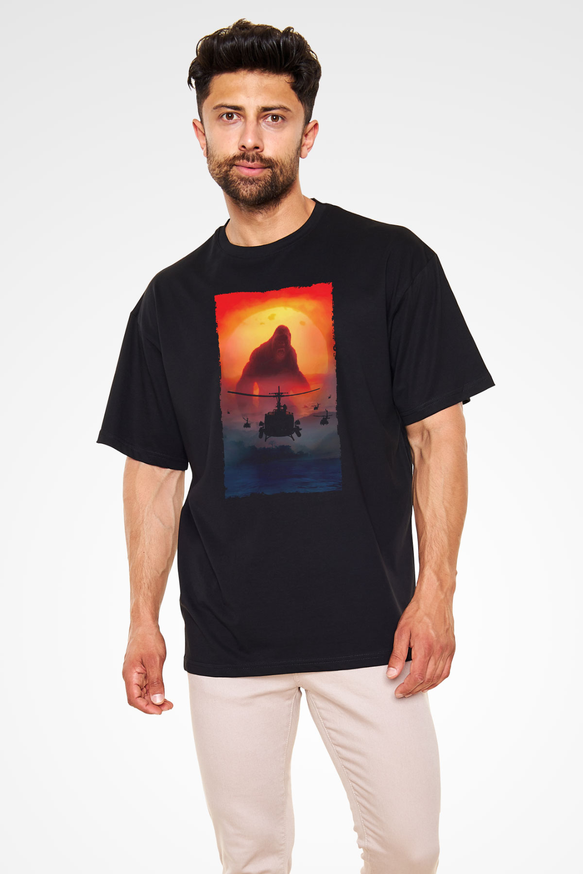 Unisex Kong Kafatası Adası (Kong Skull Island) Baskılı Siyah Unisex Oversize Tshirt