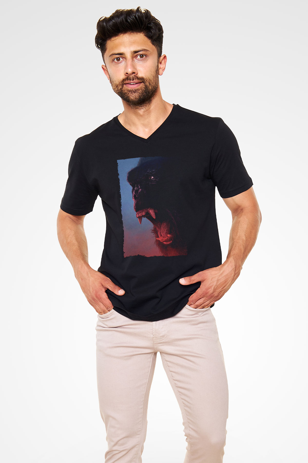 Unisex Kong Kafatası Adası (Kong Skull Island) Baskılı Siyah V Yaka Tişört
