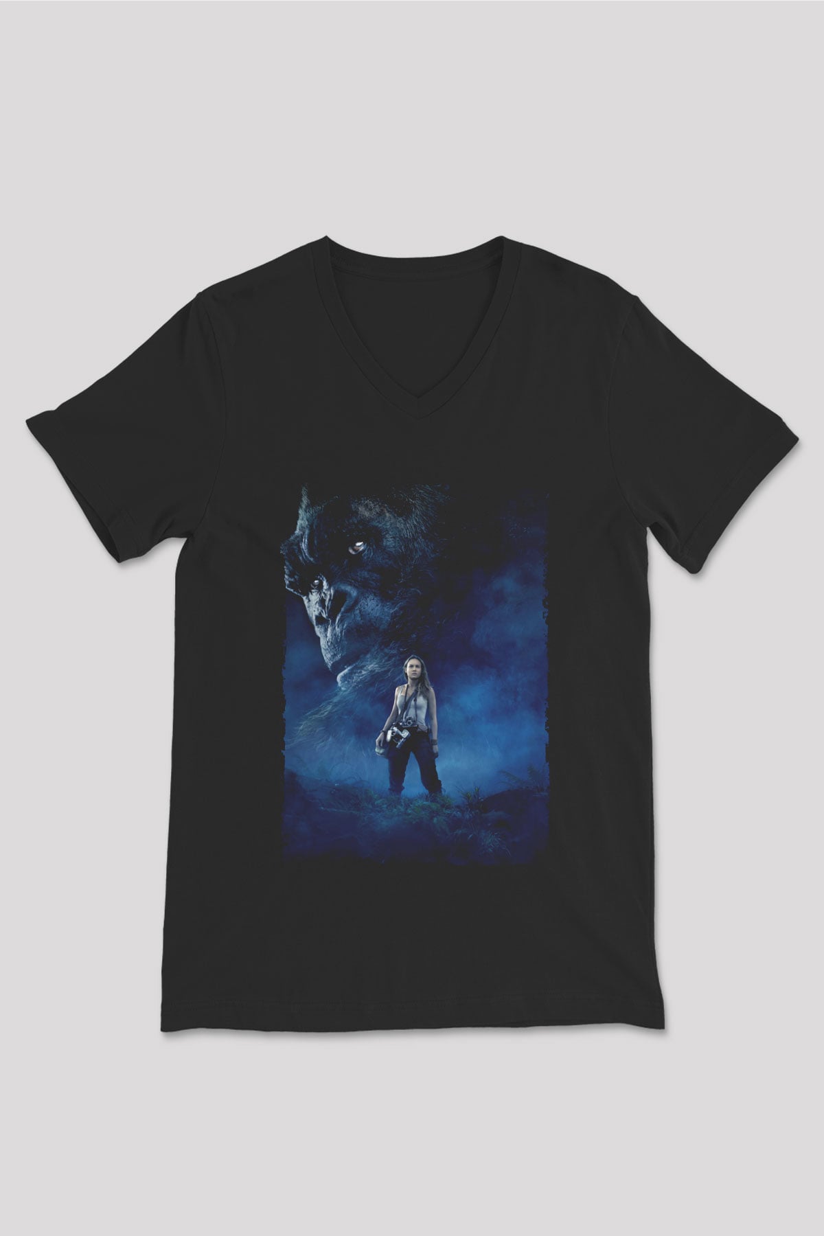 Unisex Kong Kafatası Adası (Kong Skull Island) Baskılı Siyah V Yaka T-shirt