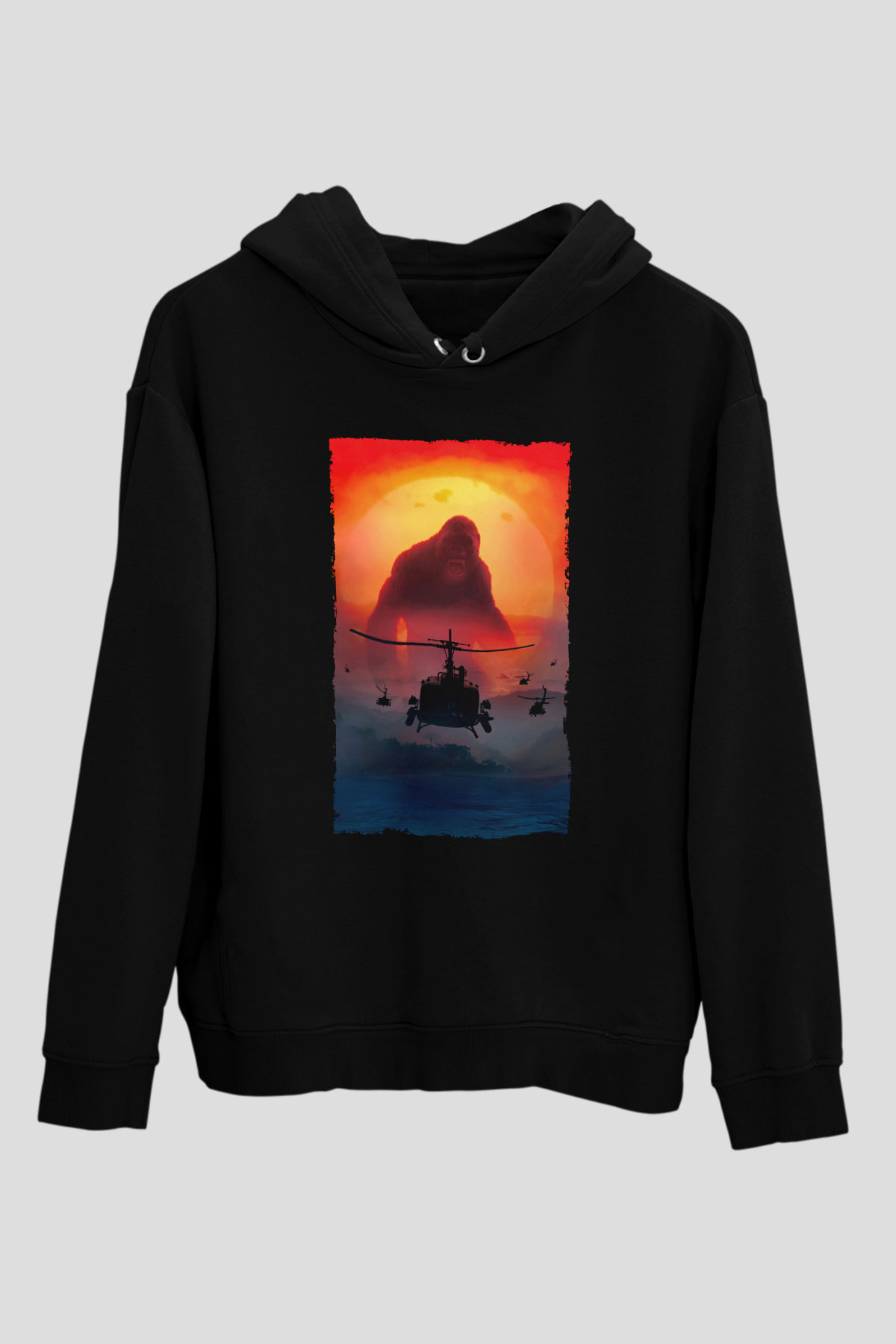 Unisex Kong Kafatası Adası (Kong Skull Island) Baskılı Siyah Unisex Kapüşonlu Sweatshirt