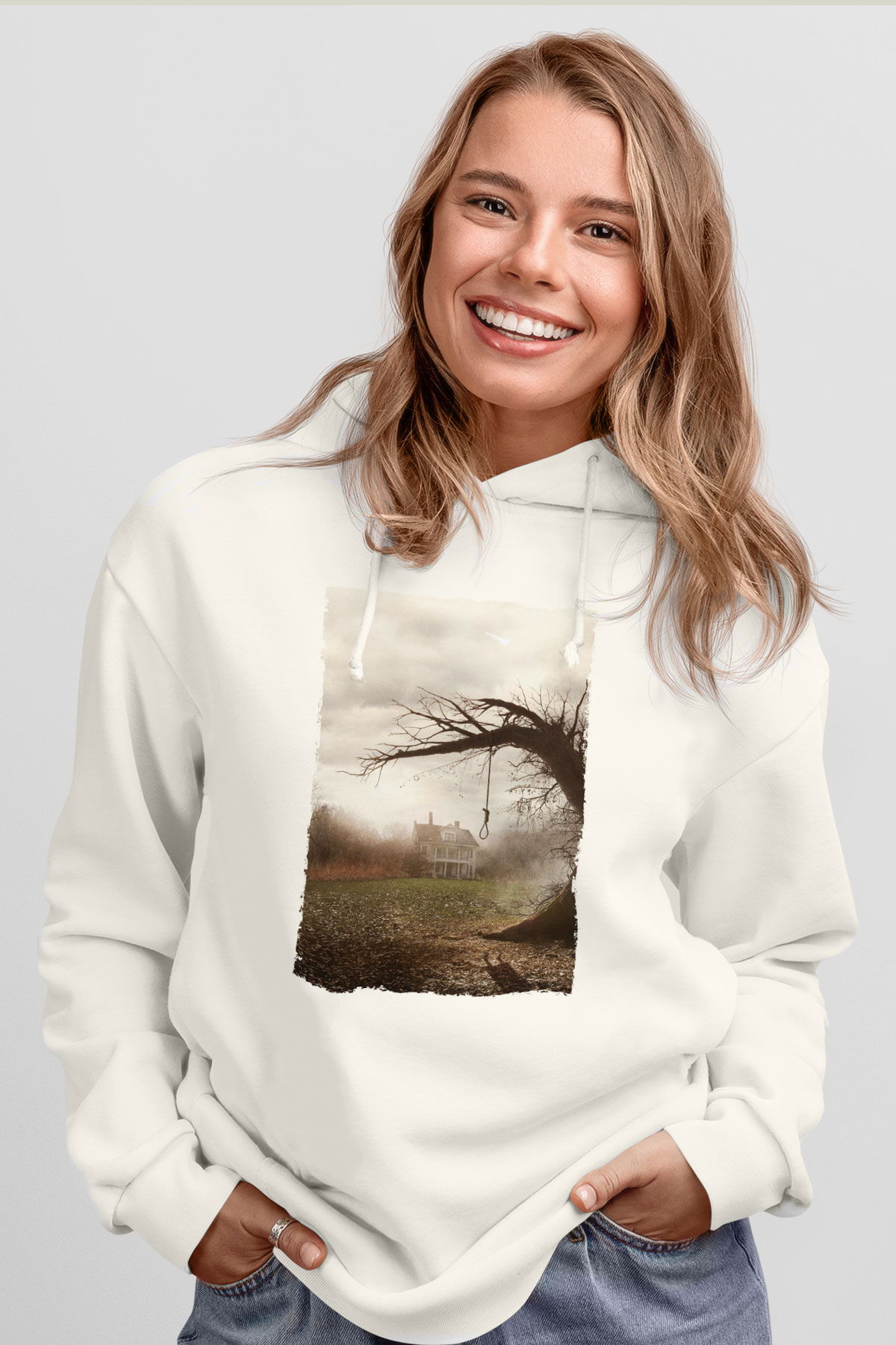 Unisex Korku Seansı (The Conjuring) Baskılı Beyaz Kapüşonlu Sweatshirt