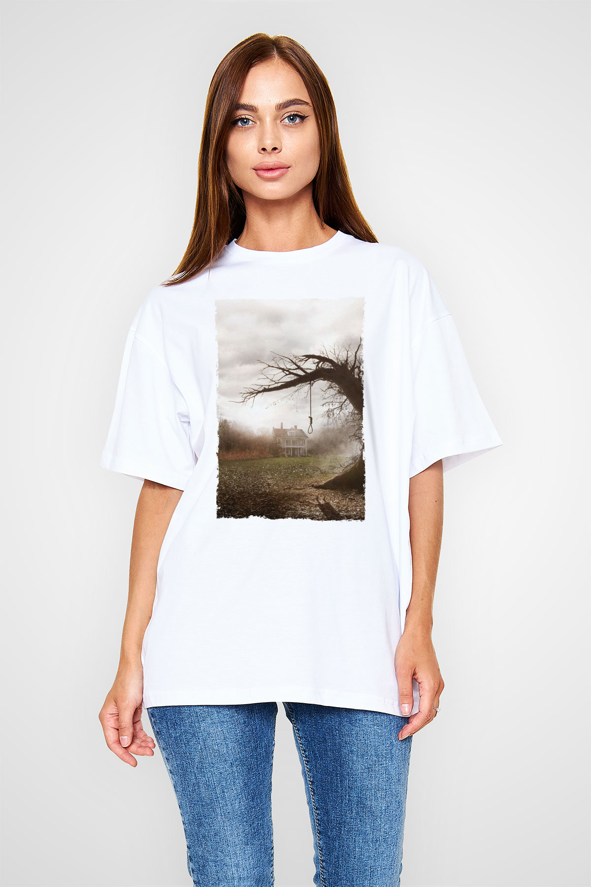 Unisex Korku Seansı (The Conjuring) Baskılı Beyaz Oversize Oversize T-shirt