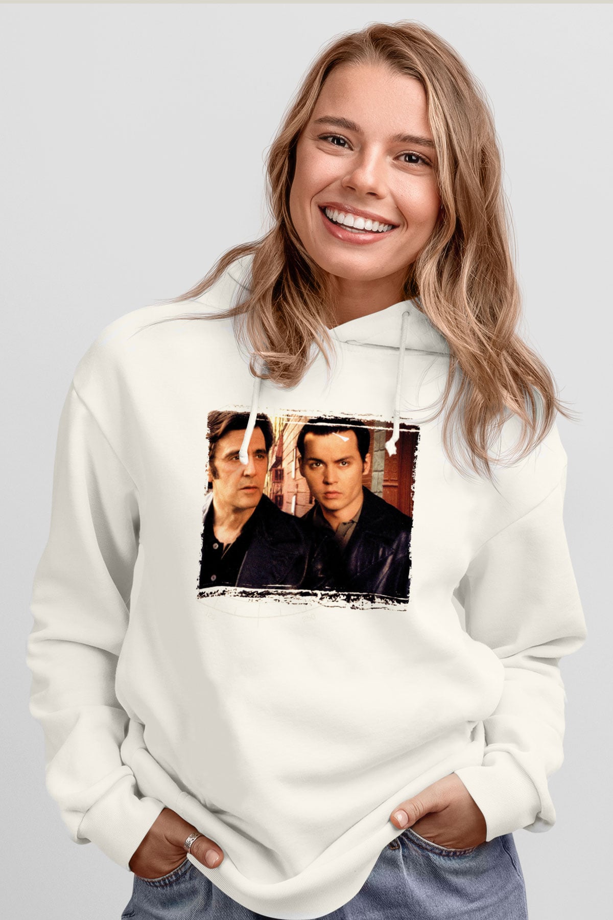 Unisex Köstebek (Donnie Brasco) Baskılı Beyaz Kapüşonlu Sweatshirt
