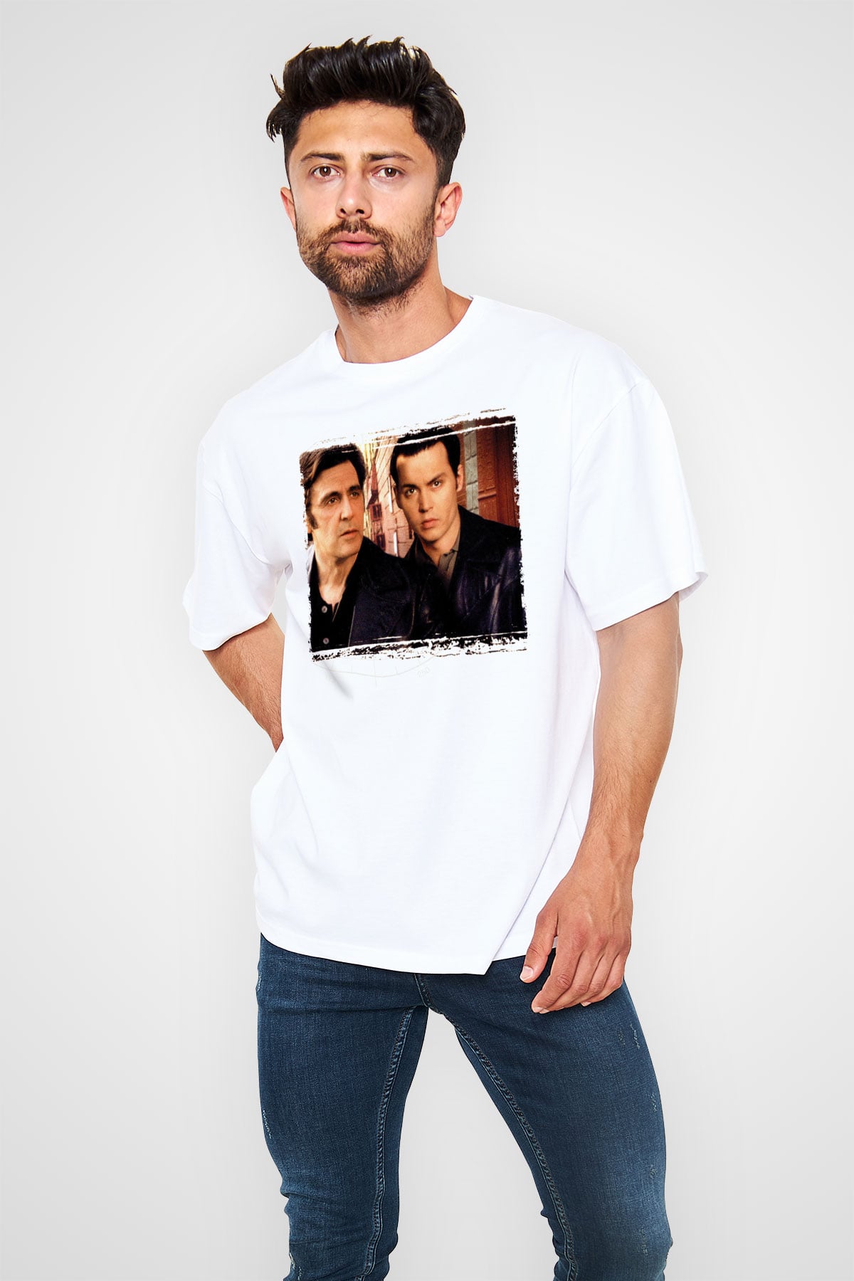 Unisex Köstebek (Donnie Brasco) Baskılı Beyaz Oversize Tişört