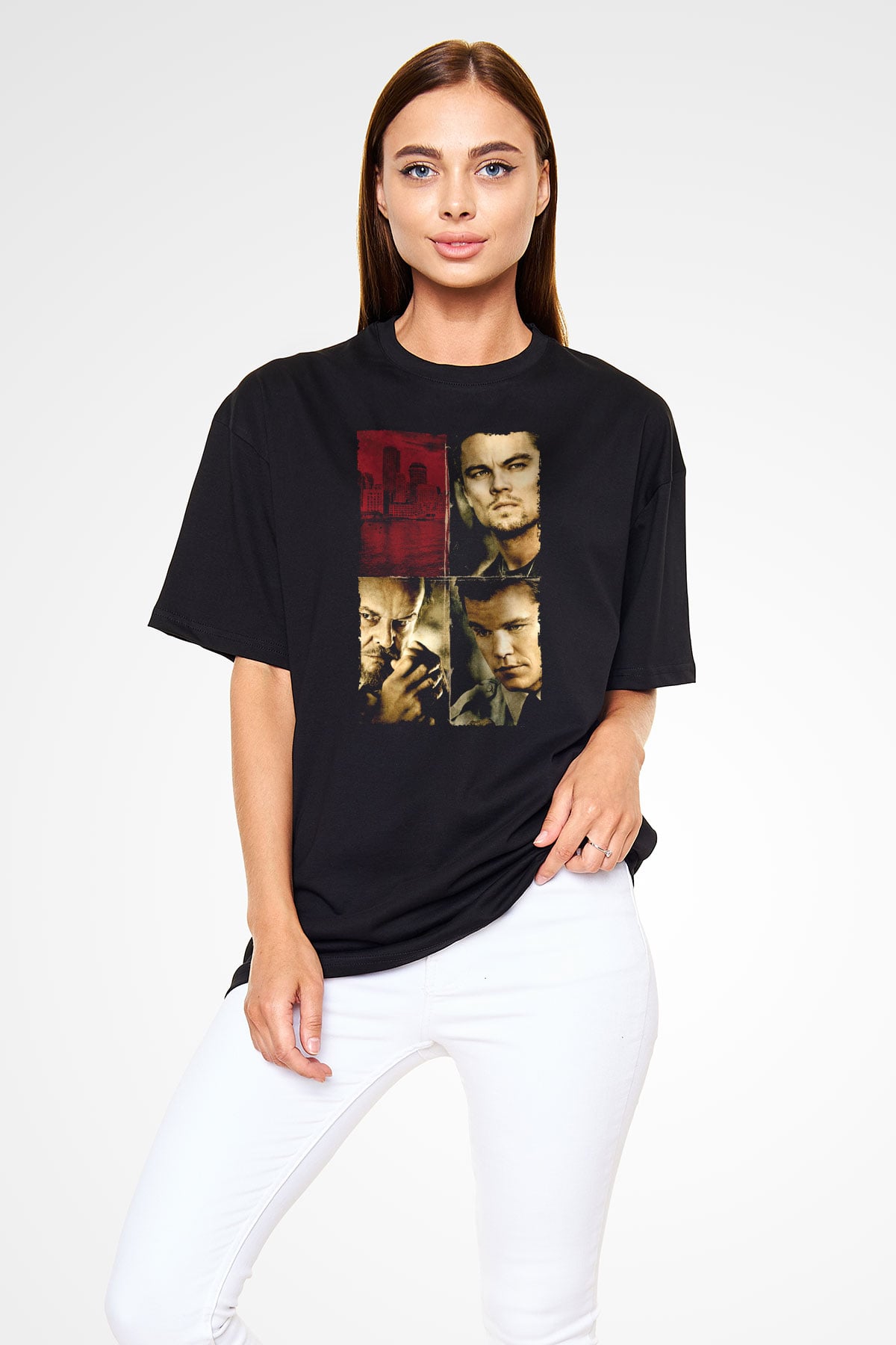 Unisex Köstebek (The Departed) Baskılı Siyah Oversize T-shirt