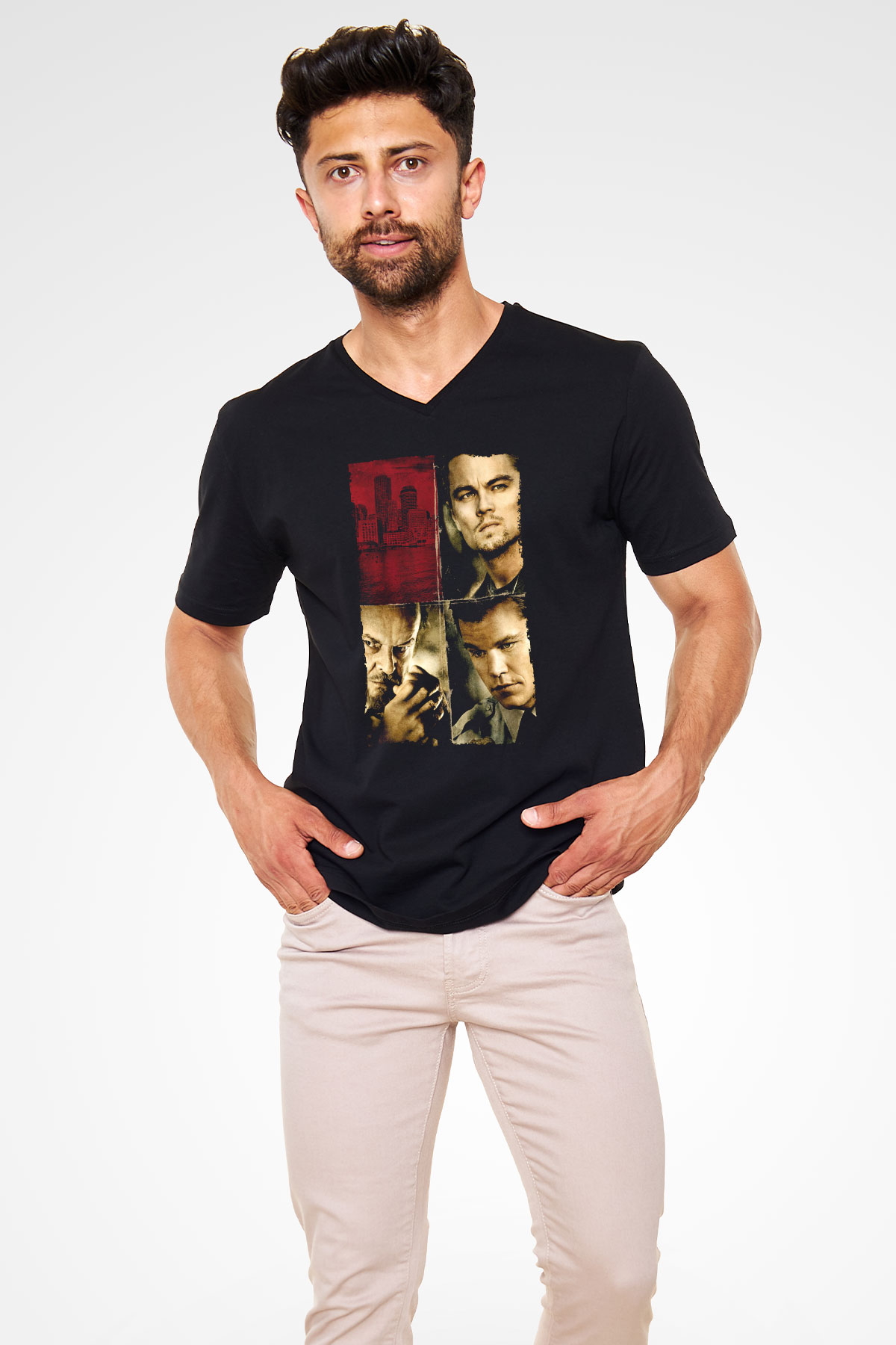 Unisex Köstebek (The Departed) Baskılı Siyah V Yaka T-shirt