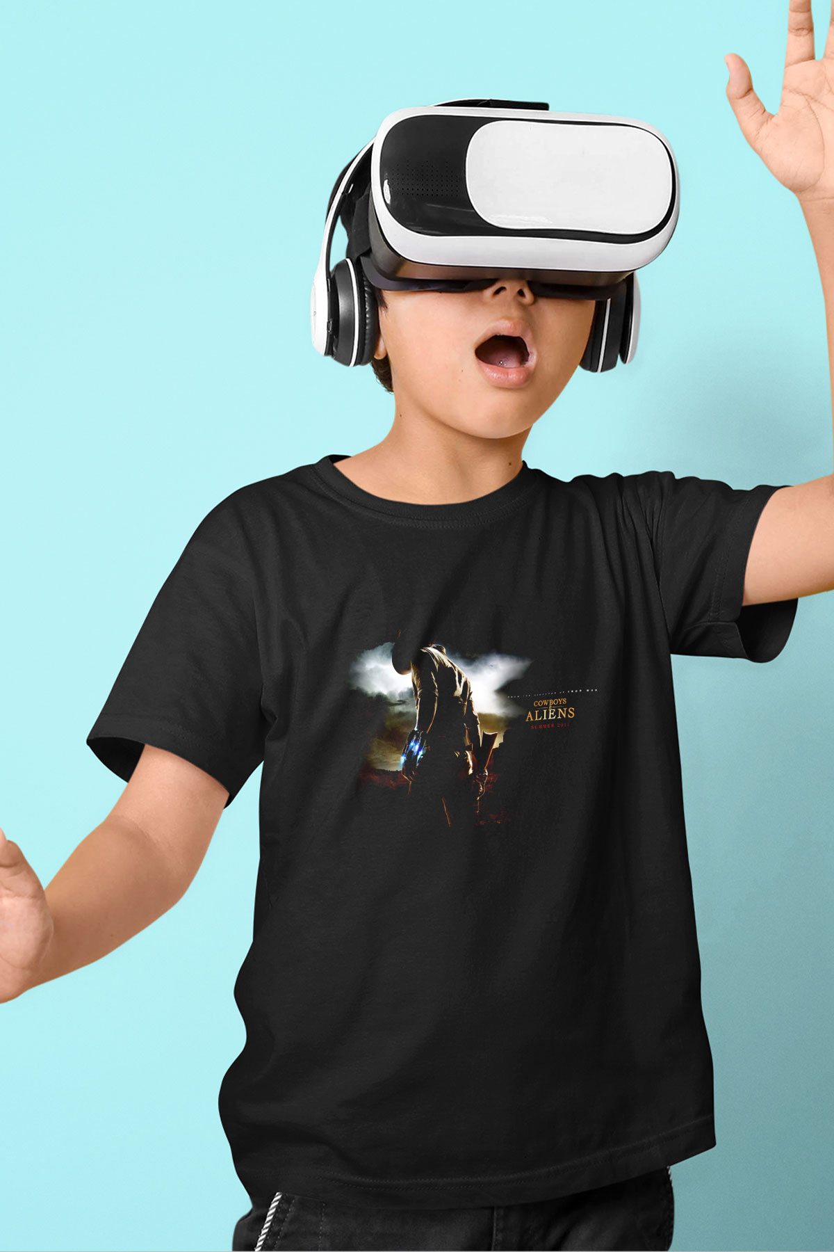 Unisex Kovboylar ve Uzaylılar (Cowboys & Aliens) Baskılı Siyah Çocuk Tişört