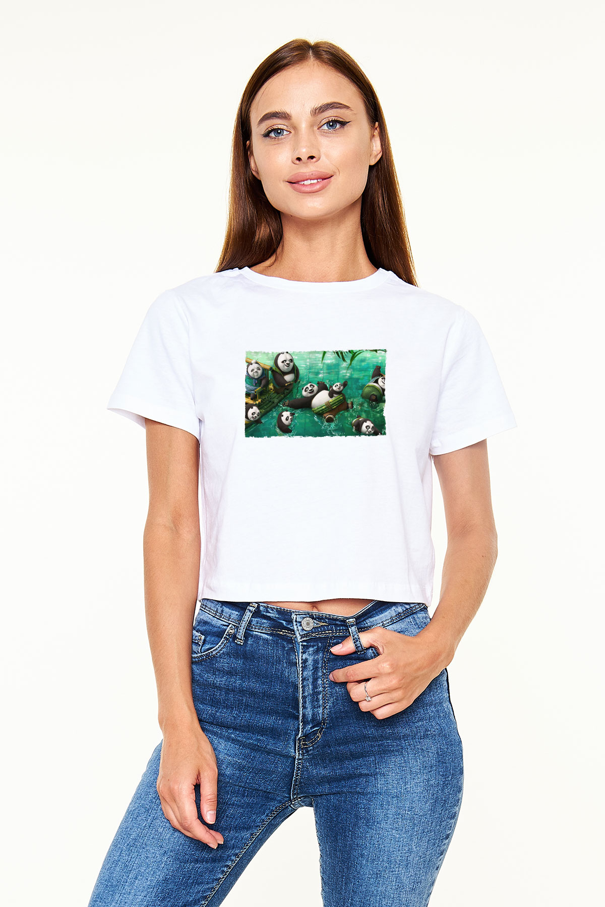 Unisex Kung Fu Panda Baskılı Beyaz Crop Top Tişört