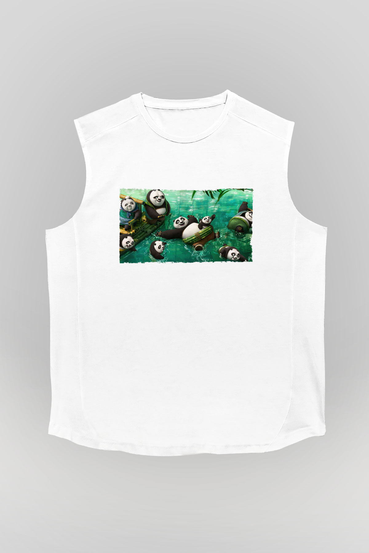 Unisex Kung Fu Panda Baskılı Beyaz Kolsuz Tişört