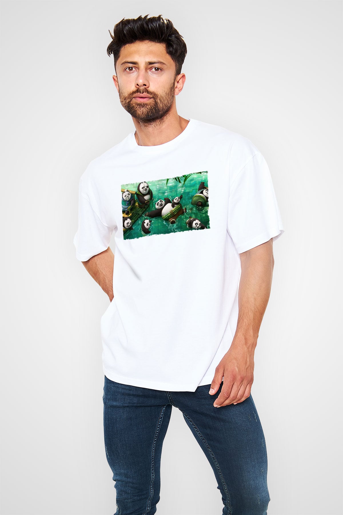 Unisex Kung Fu Panda Baskılı Beyaz Oversize Tişört