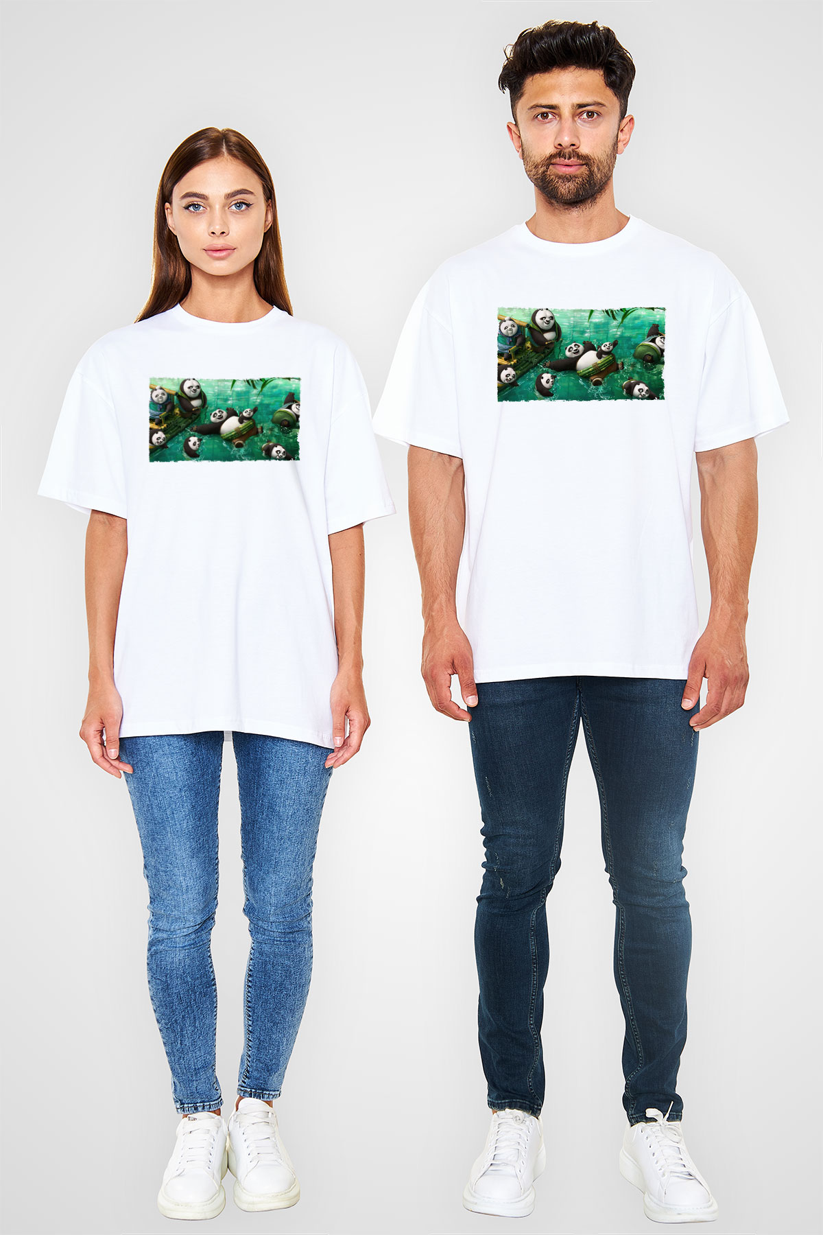 Unisex Kung Fu Panda Baskılı Beyaz Oversize Tişört