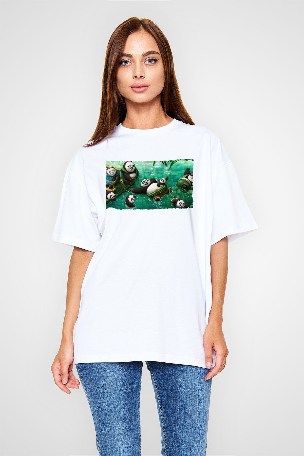 Unisex Kung Fu Panda Baskılı Beyaz Oversize Tişört