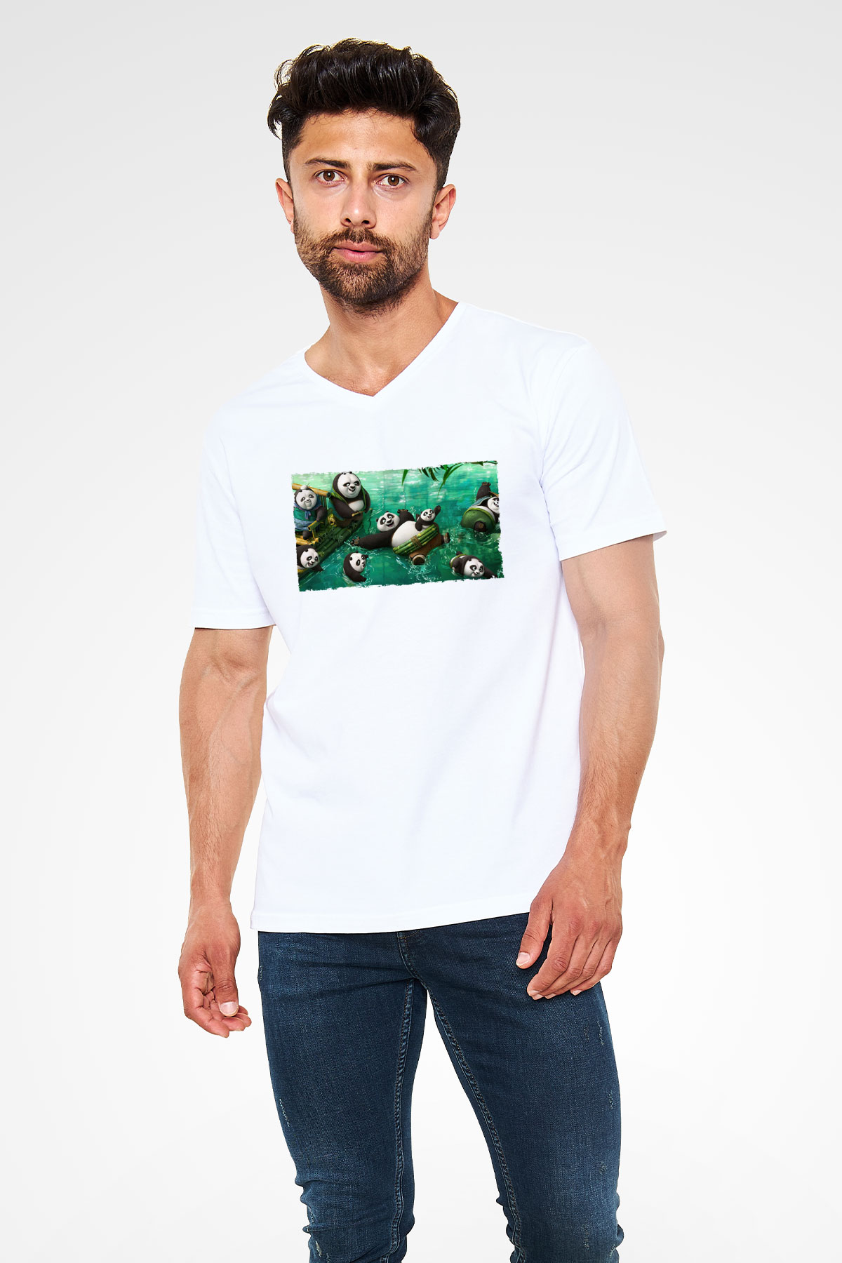 Unisex Kung Fu Panda Baskılı Beyaz V Yaka Tişört