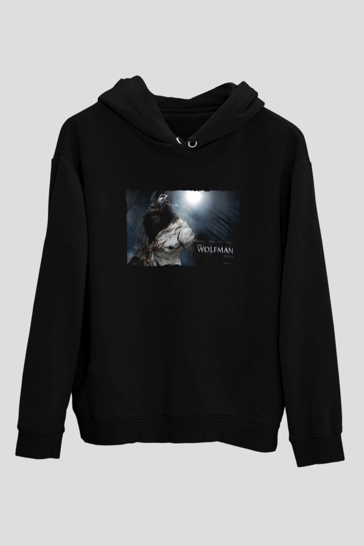 Unisex Kurt Adam (The Wolfman) Baskılı Siyah Kapüşonlu Sweatshirt