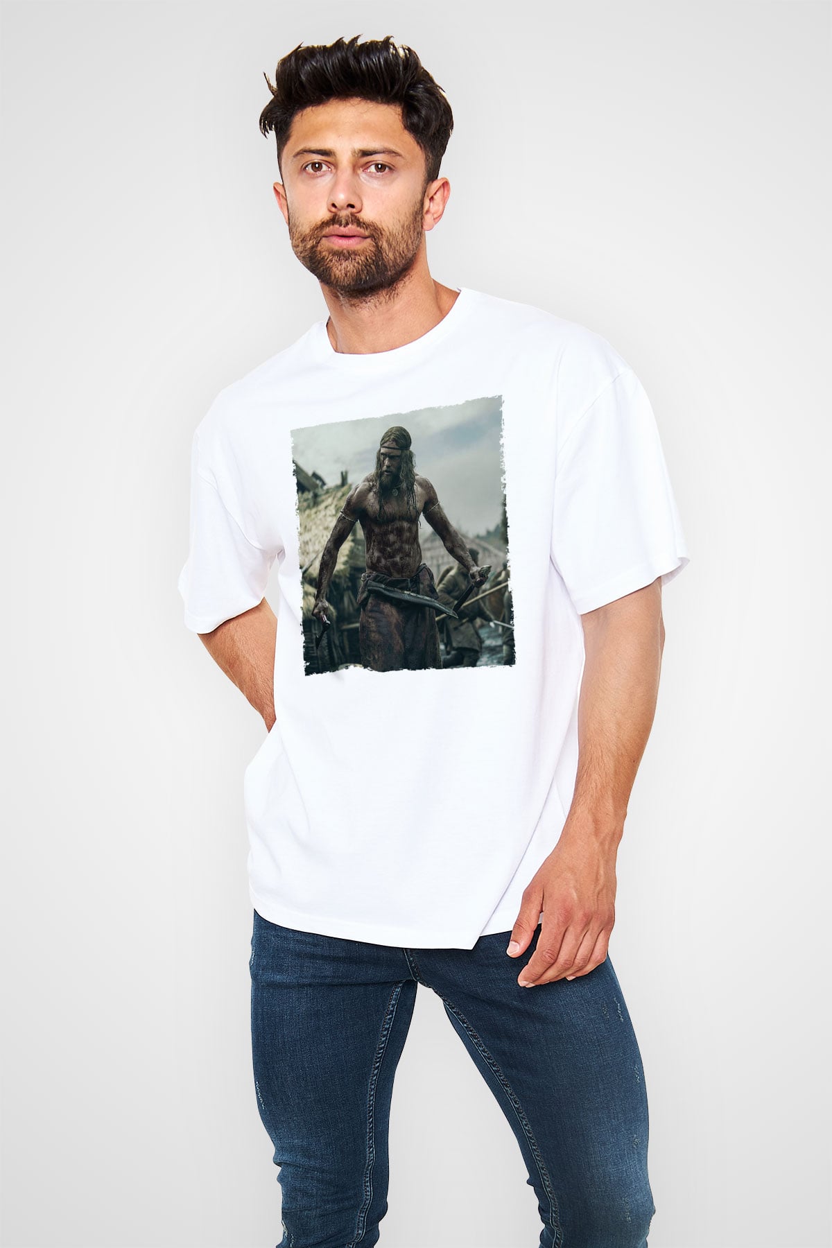 Unisex Kuzeyli (The Northman) Baskılı Beyaz Oversize Oversize T-shirt