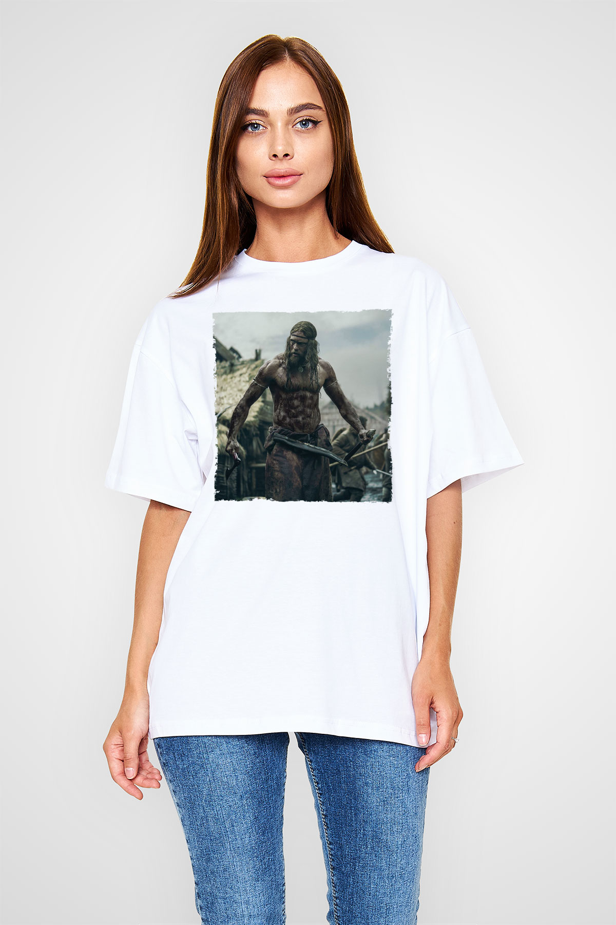 Unisex Kuzeyli (The Northman) Baskılı Beyaz Oversize Oversize T-shirt