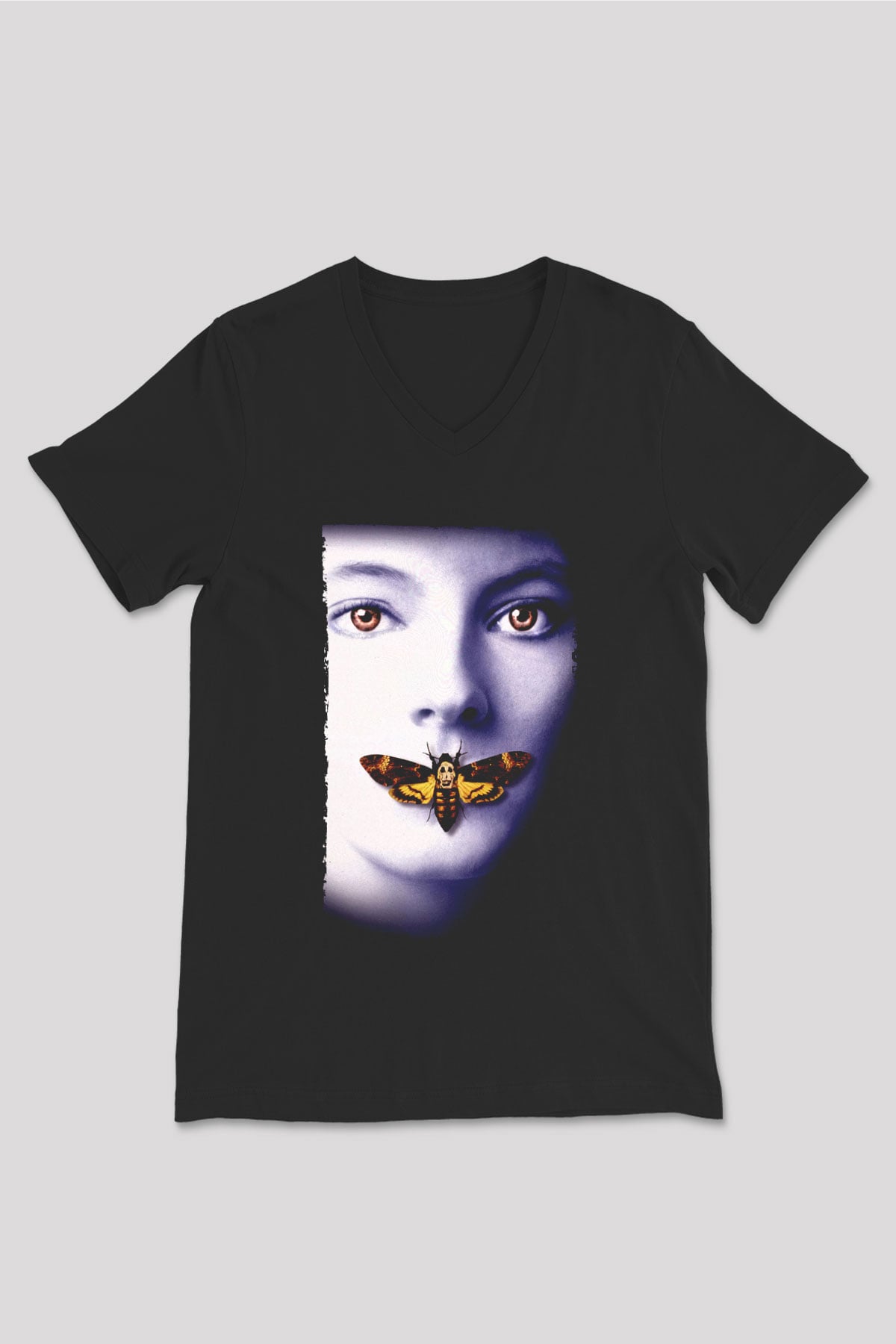 Unisex Kuzuların Sessizliği (The Silence of the Lambs) Baskılı Siyah V Yaka Tişört