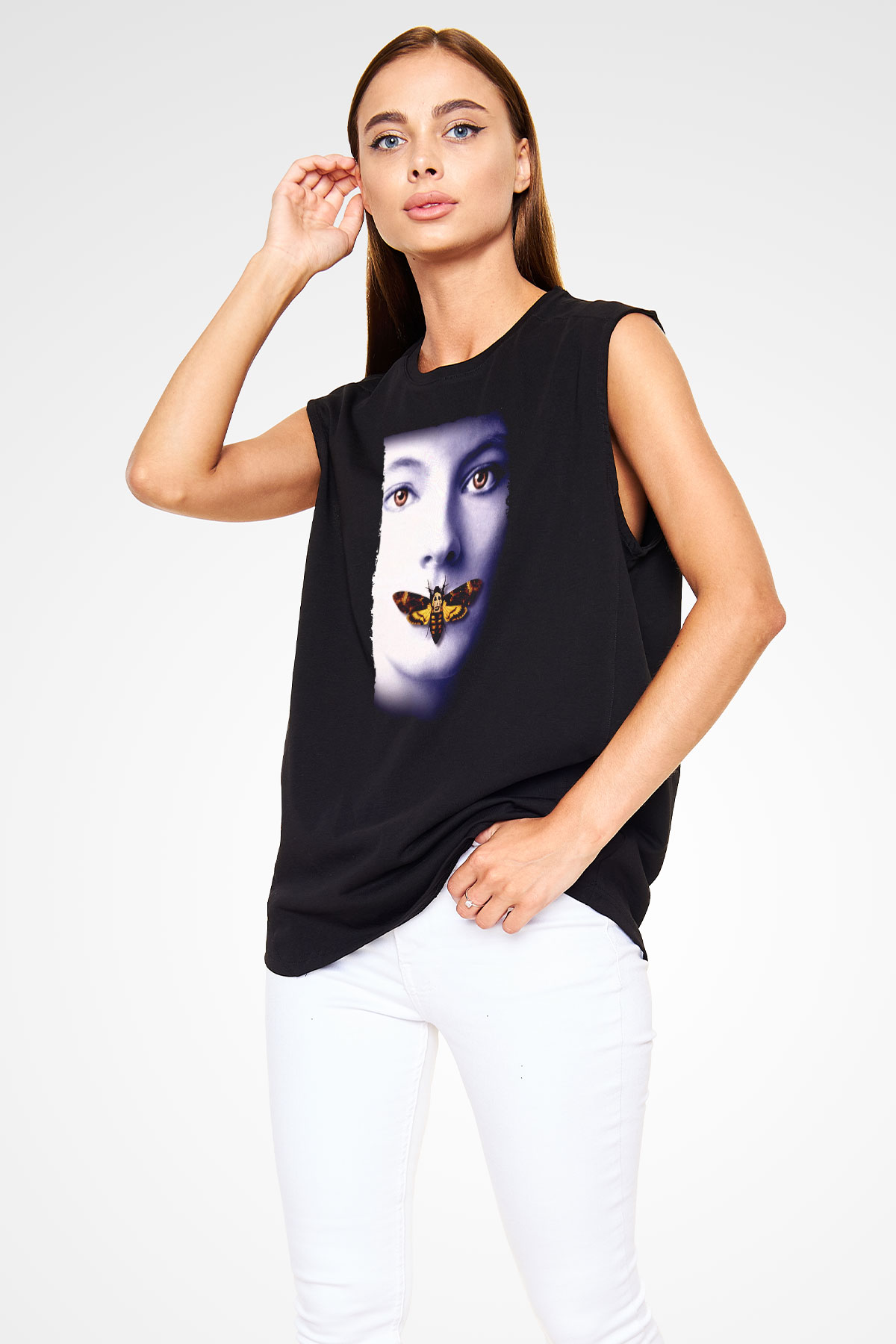 Unisex Kuzuların Sessizliği (The Silence of the Lambs) Baskılı Siyah Kolsuz Tişört