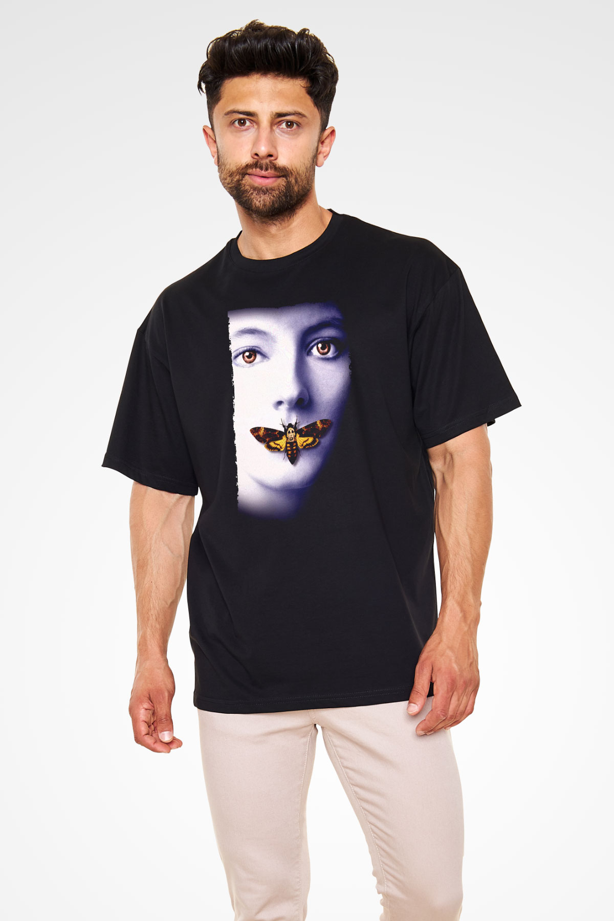 Unisex Kuzuların Sessizliği (The Silence of the Lambs) Baskılı Siyah Oversize Tişört