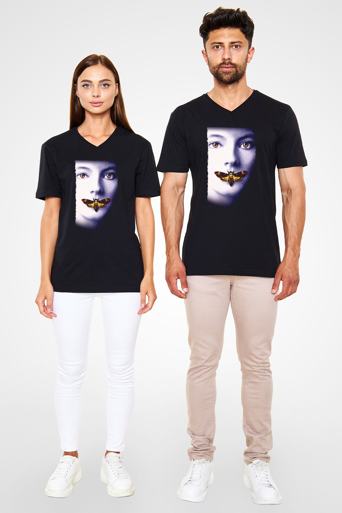 Unisex Kuzuların Sessizliği (The Silence of the Lambs) Baskılı Siyah V Yaka Tişört