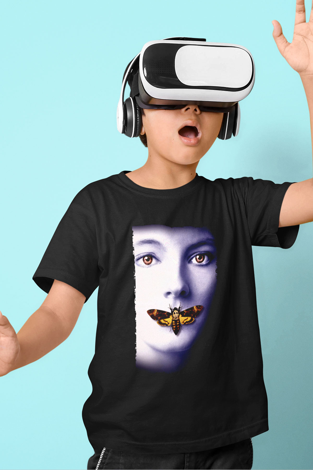 Unisex Kuzuların Sessizliği (The Silence of the Lambs) Baskılı Siyah Çocuk Tişört