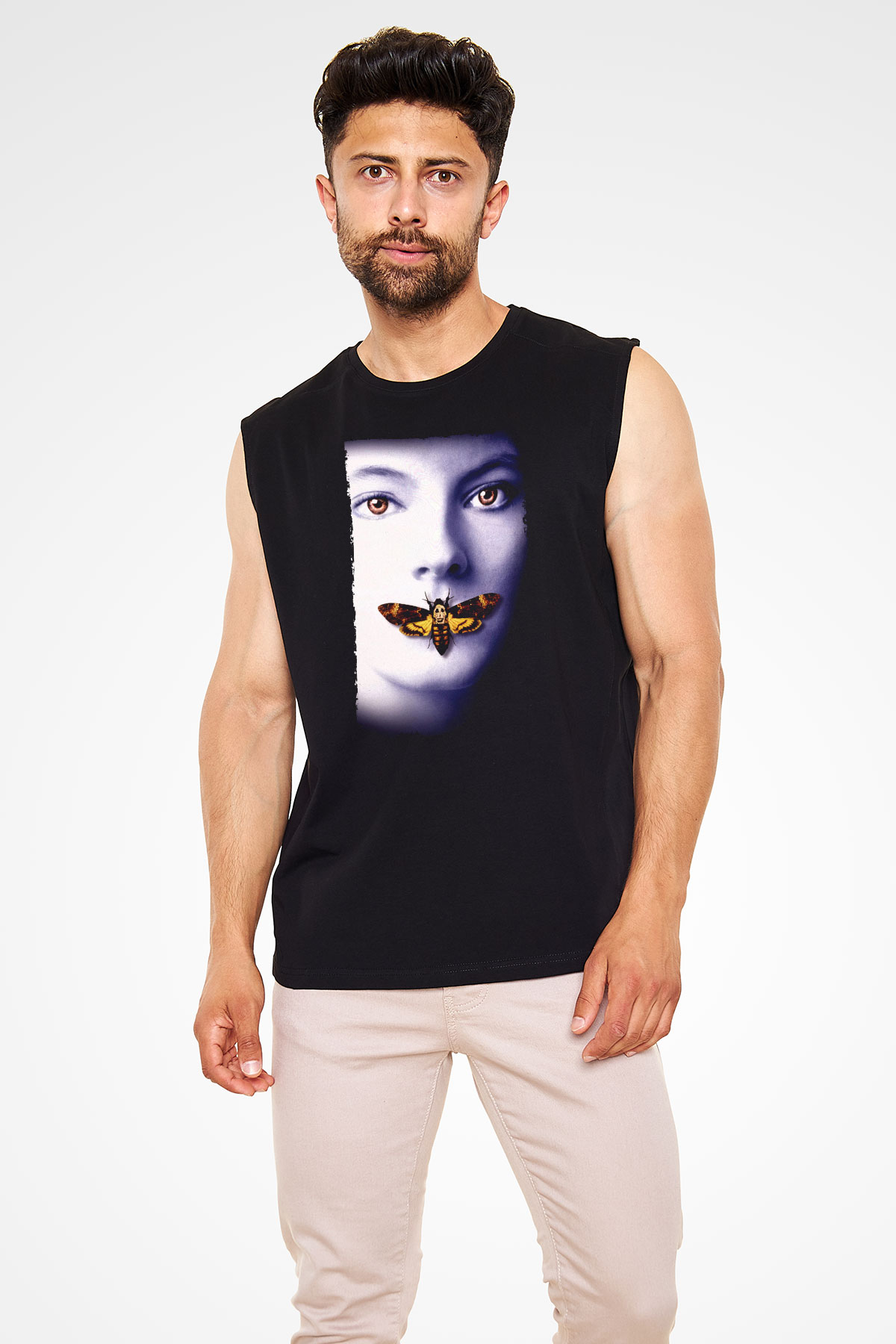 Unisex Kuzuların Sessizliği (The Silence of the Lambs) Baskılı Siyah Kolsuz Tişört