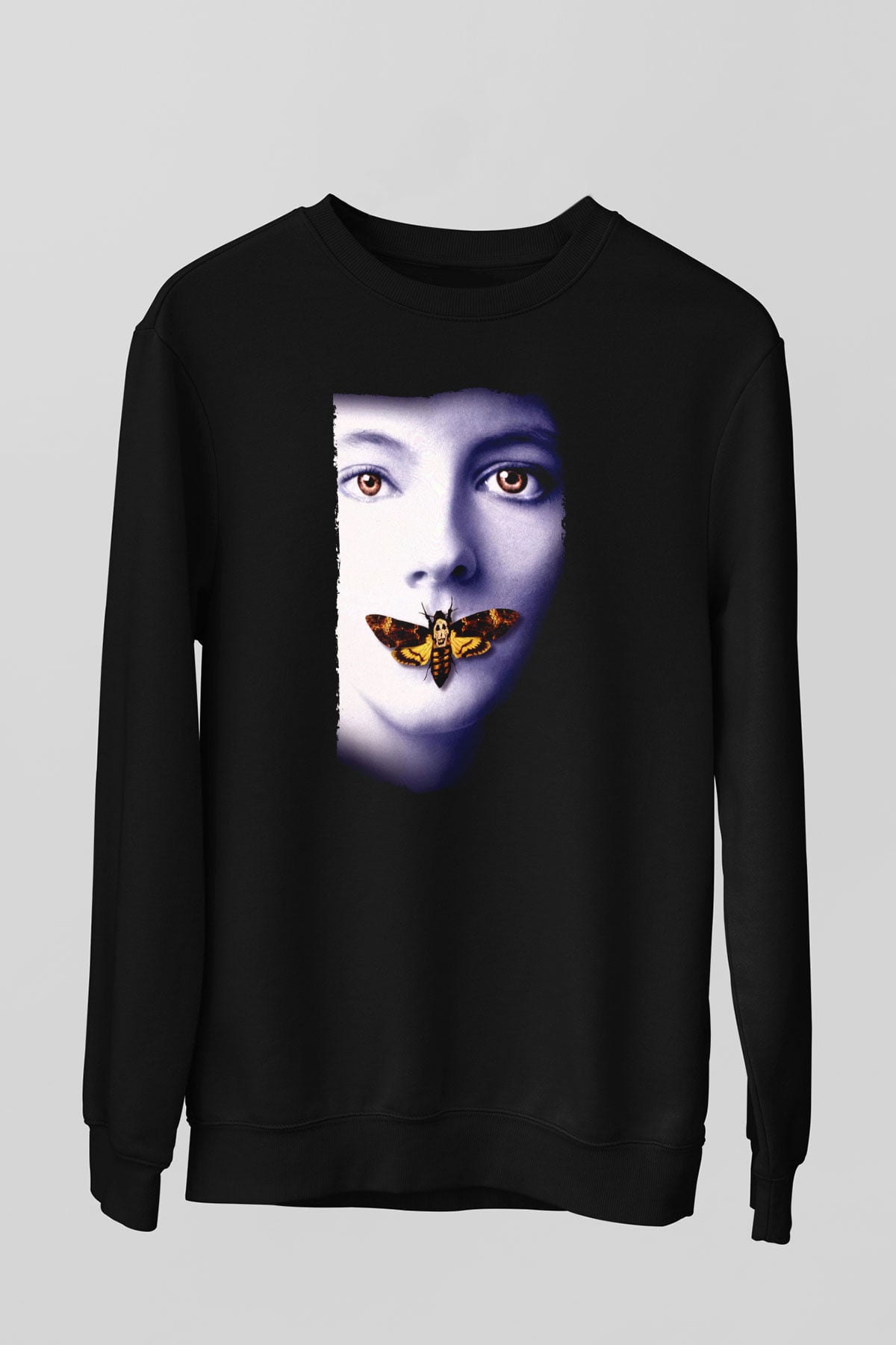 Unisex Kuzuların Sessizliği (The Silence of the Lambs) Baskılı Siyah Sweatshirt