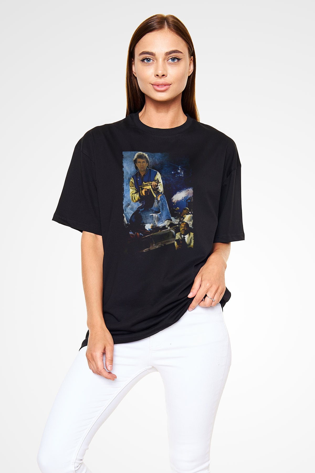 Unisex Lethal Weapon Baskılı Siyah Oversize T-shirt