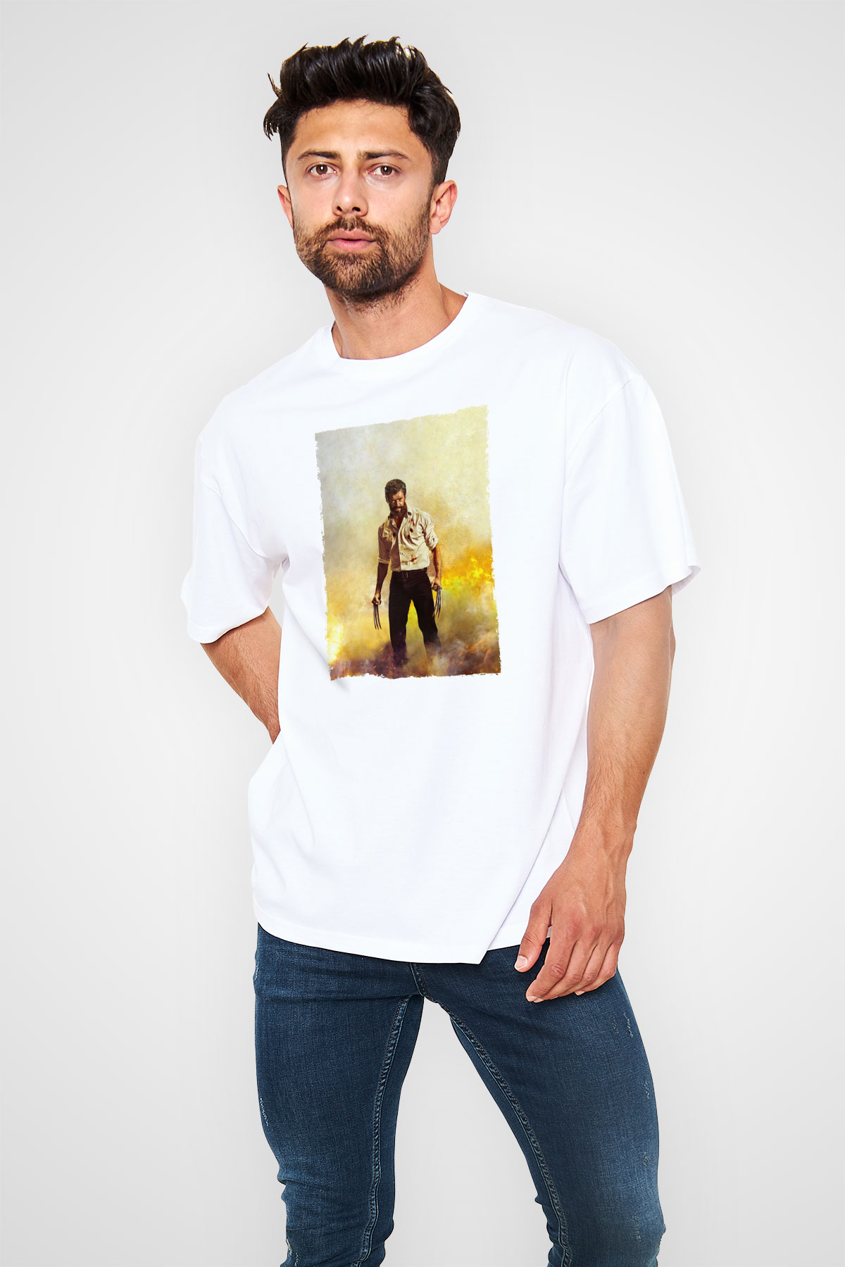 Unisex Logan Baskılı Beyaz Oversize Oversize T-shirt
